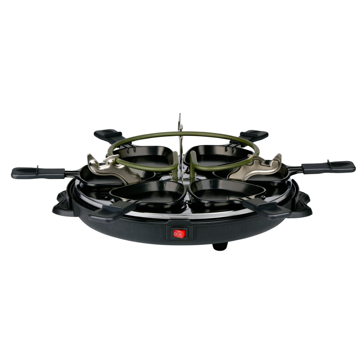 Ein schwarzer Raclette-Grill mit vier Pfannen, einem zentralen Heizelement und einem roten Netzschalter.