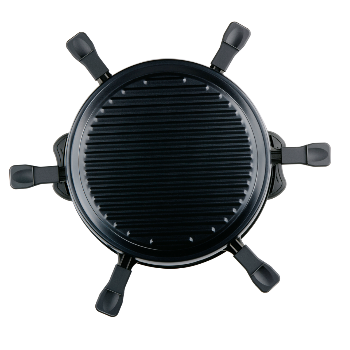 Draufsicht auf einen schwarzen Raclette-Grill mit nach außen ragenden Griffen.