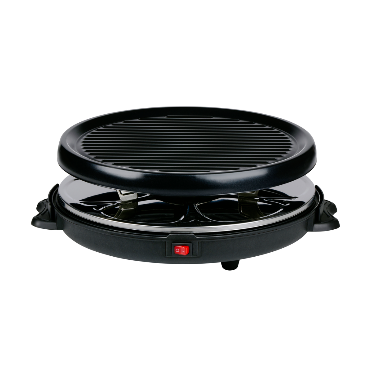 Schwarzer, runder Raclette-Grill mit Grillaufsatz und rotem Netzschalter, auf weißem Hintergrund.