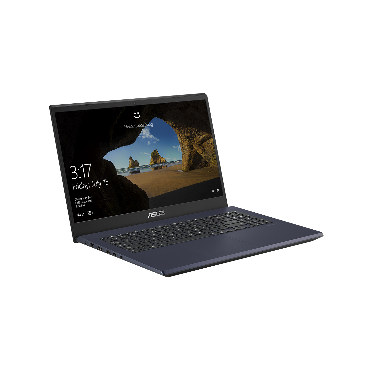 Portátil azul con escena de playa. Teclado negro y logo Asus visible.