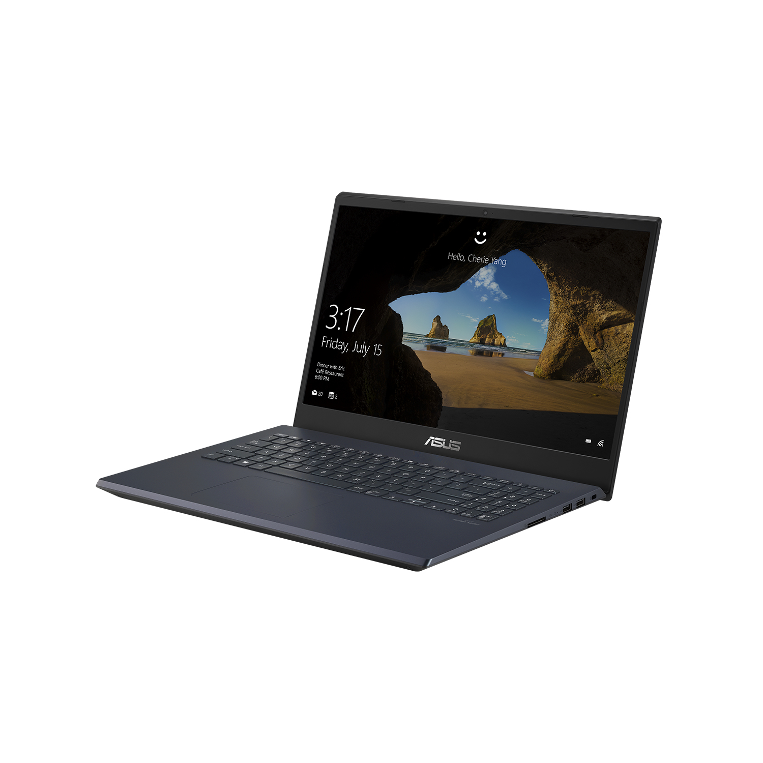 Laptop oscuro abierto, mostrando una pantalla de bloqueo de playa.