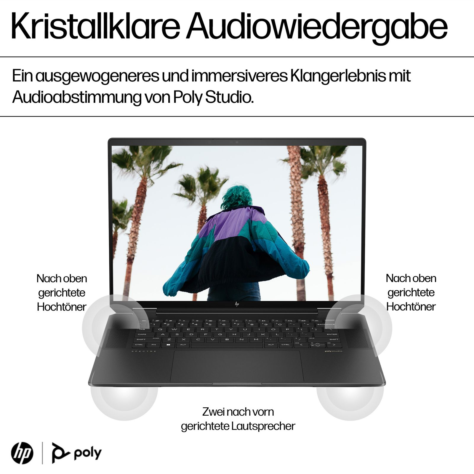 Czarny laptop z informacjami audio. Tekst i diagramy pokazują rozmieszczenie głośników.