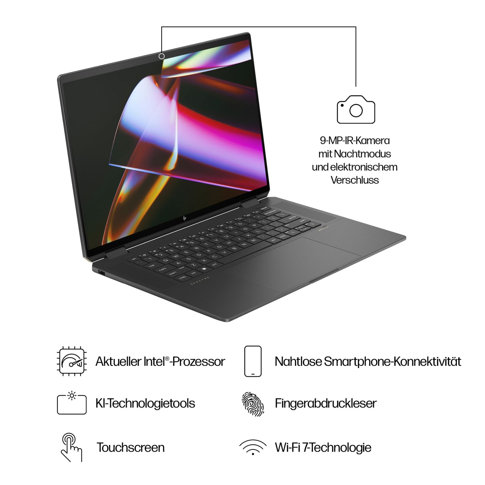 Czarny laptop z tekstem na ekranie i ikonami opisującymi funkcje.