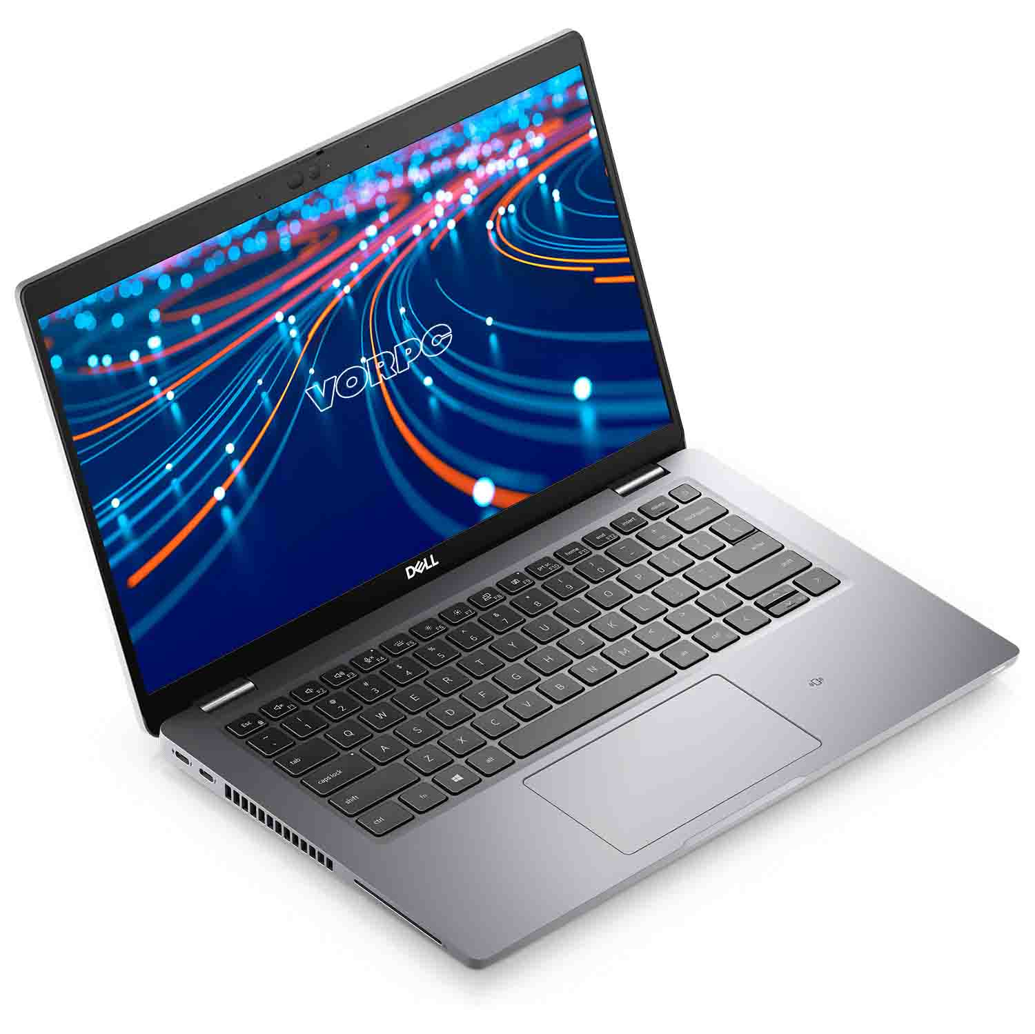 Laptop plateado con teclado negro y pantalla con gráfico azul y blanco.
