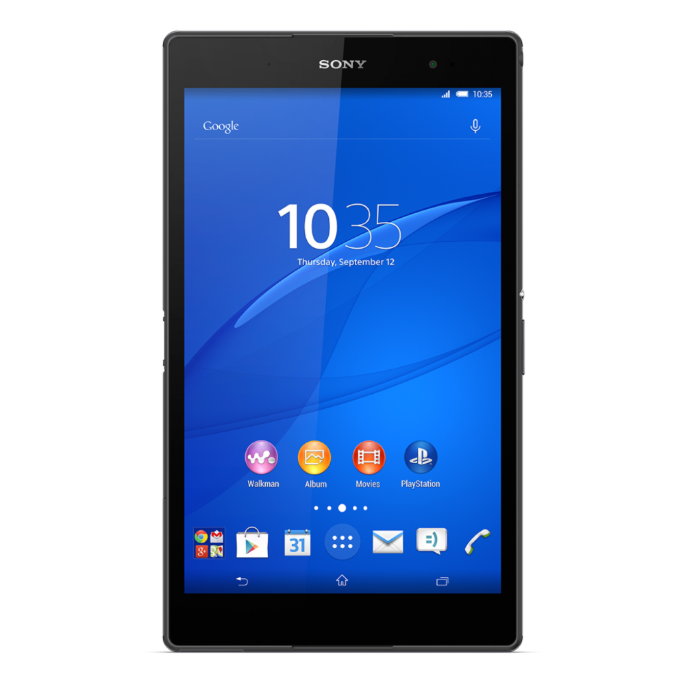 Schwarzes Sony-Tablet mit Uhrzeit, Datum und App-Symbolen. Vorderansicht.