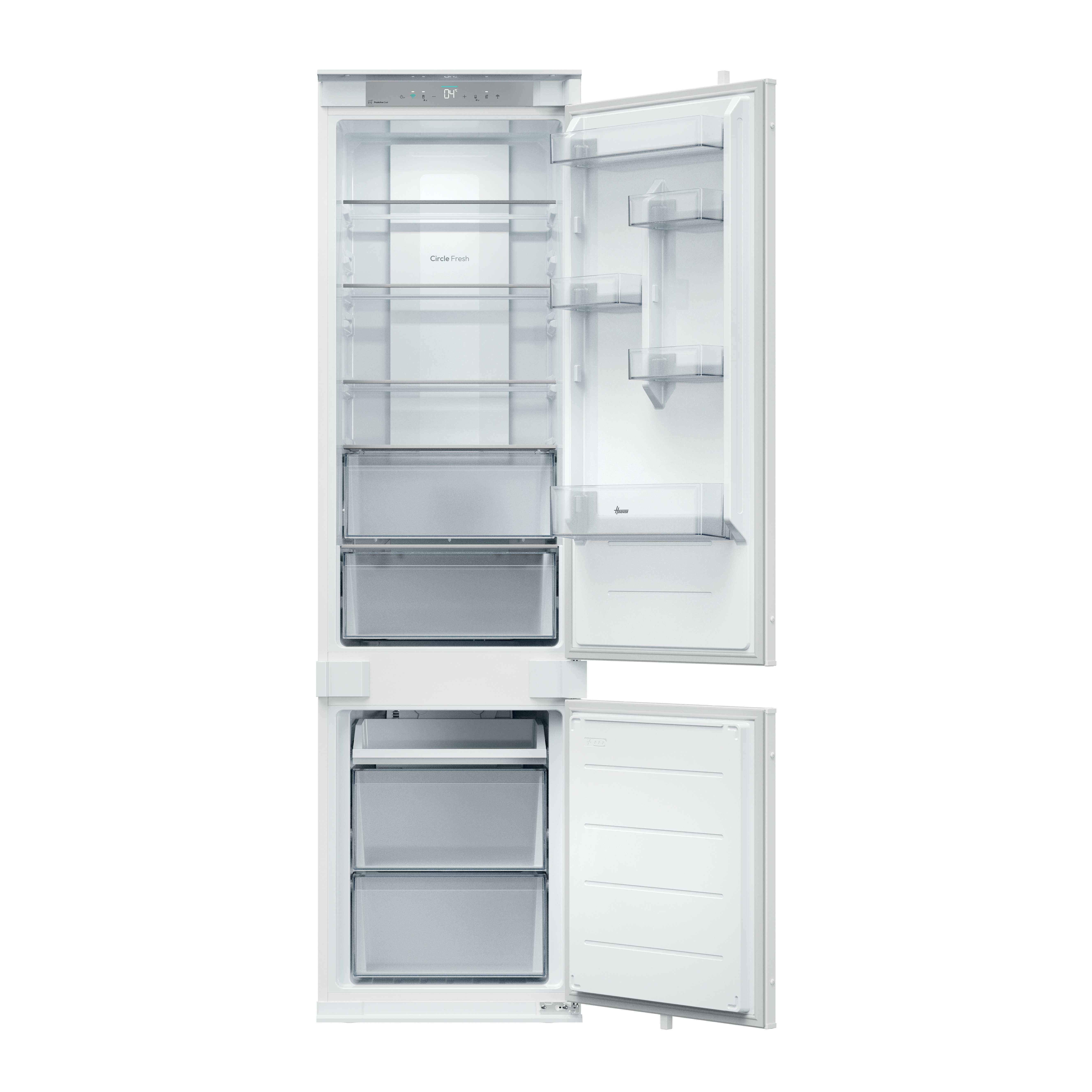 Frigorifero bianco con porte aperte, che mostra ripiani, cassetti e dettagli interni.