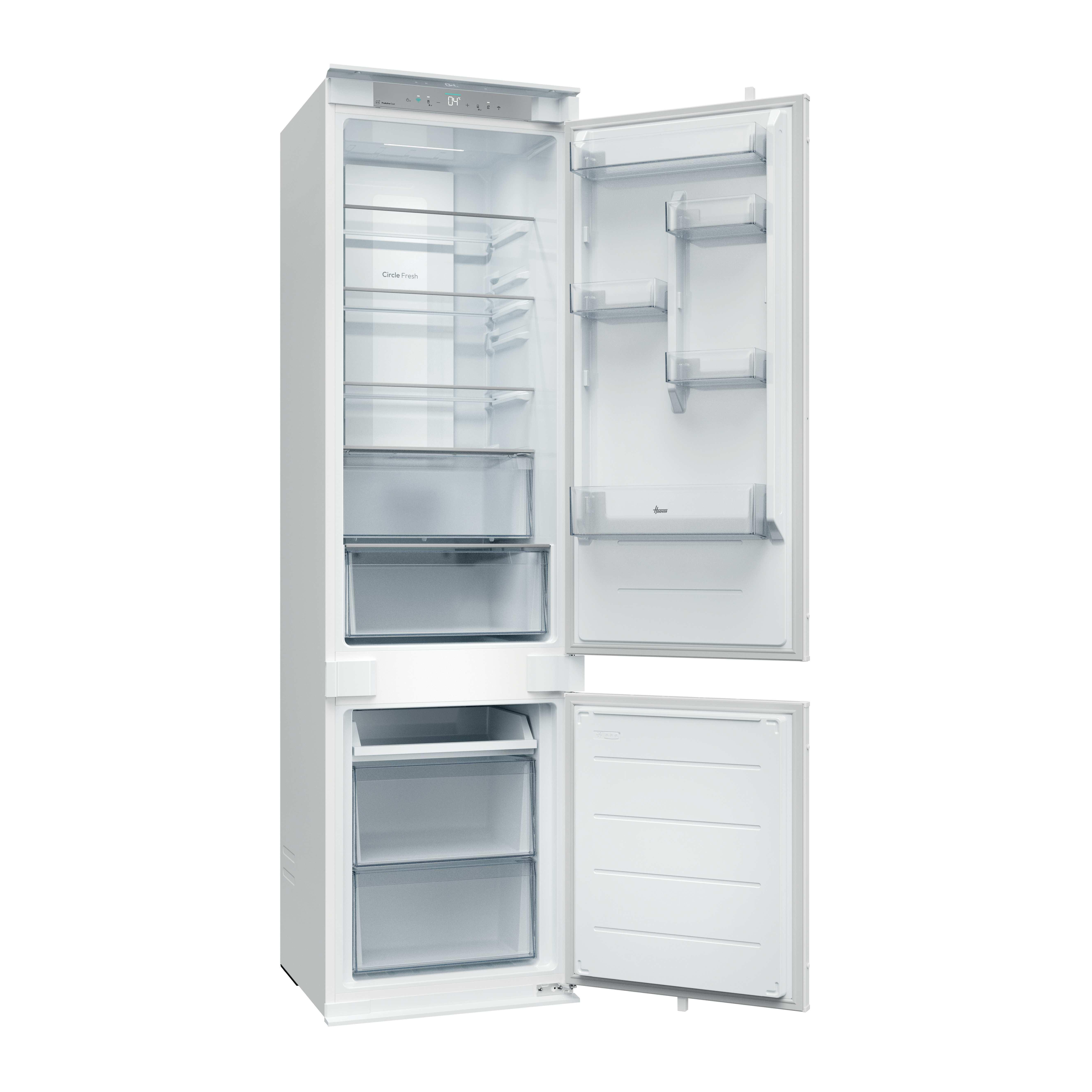 Frigorifero bianco aperto con contenuto: ripiani, cassetti e alimenti all'interno.
