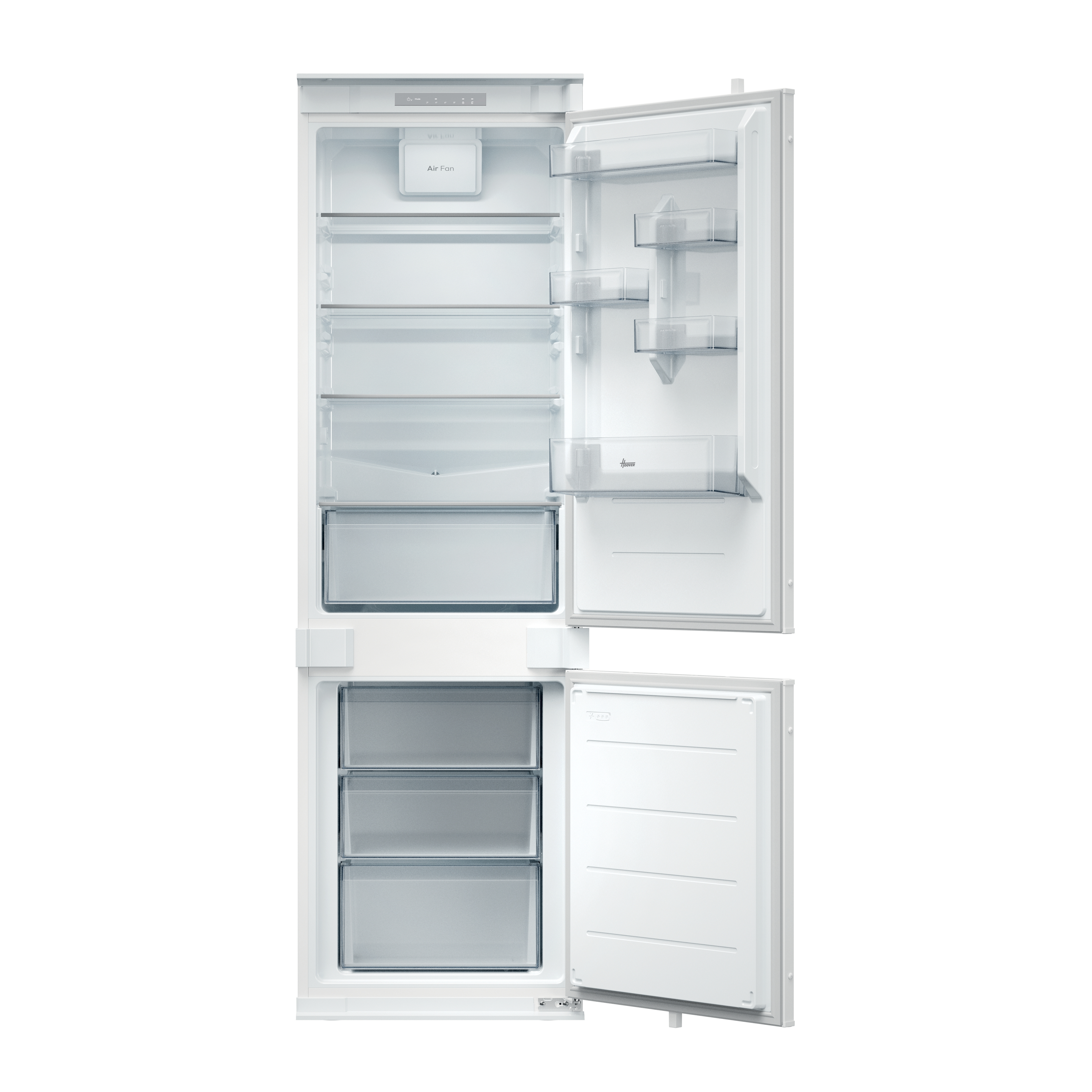 Frigorifero a incasso con porta aperta. Interno con ripiani e cassetti. Bianco. Sfondo bianco.