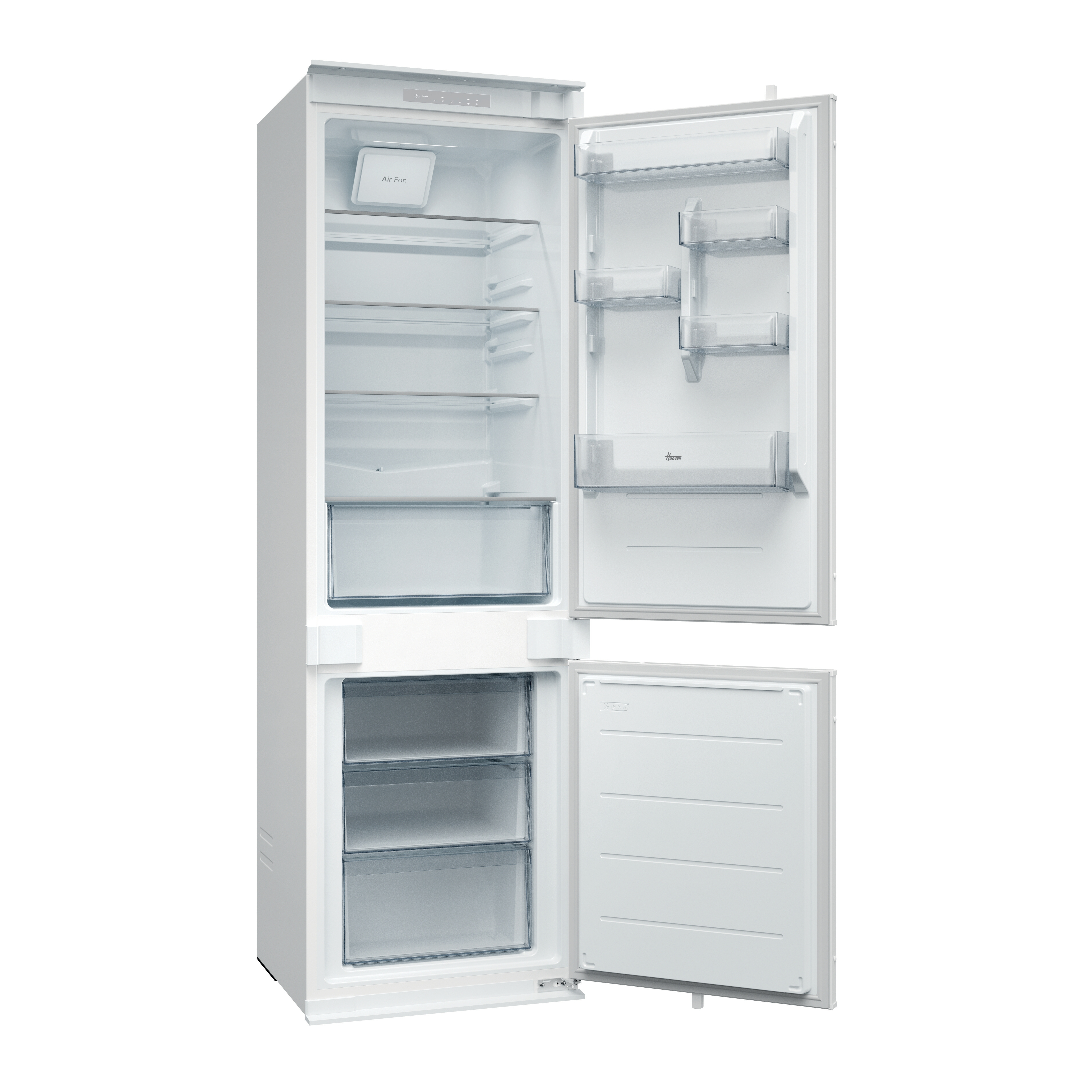 Un frigorifero bianco con la porta aperta. Il frigorifero ha ripiani e cassetti.
