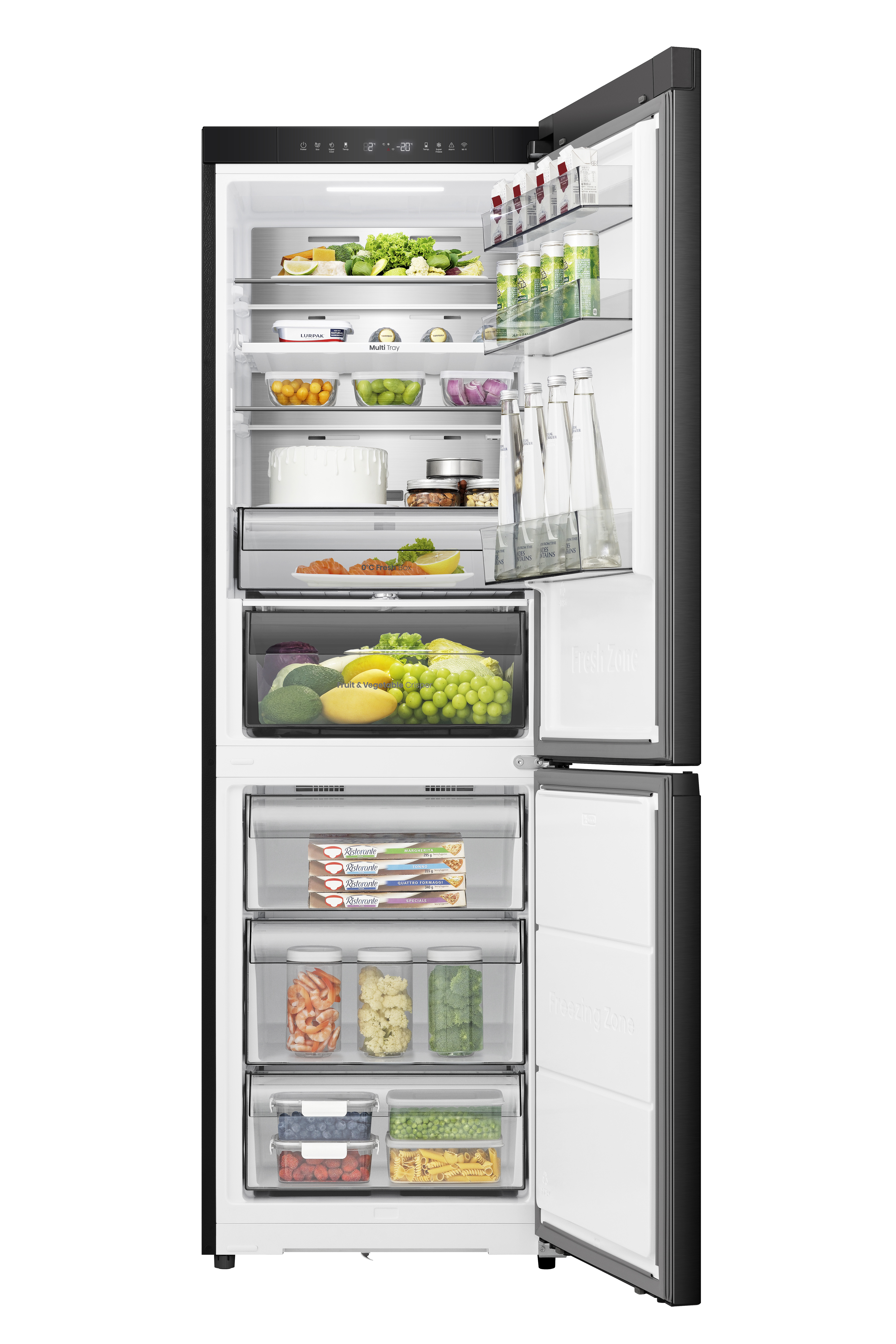 Geöffneter schwarzer Kühlschrank mit Glasböden, Obst, Gemüse und Flaschen. Weißer Innenraum.