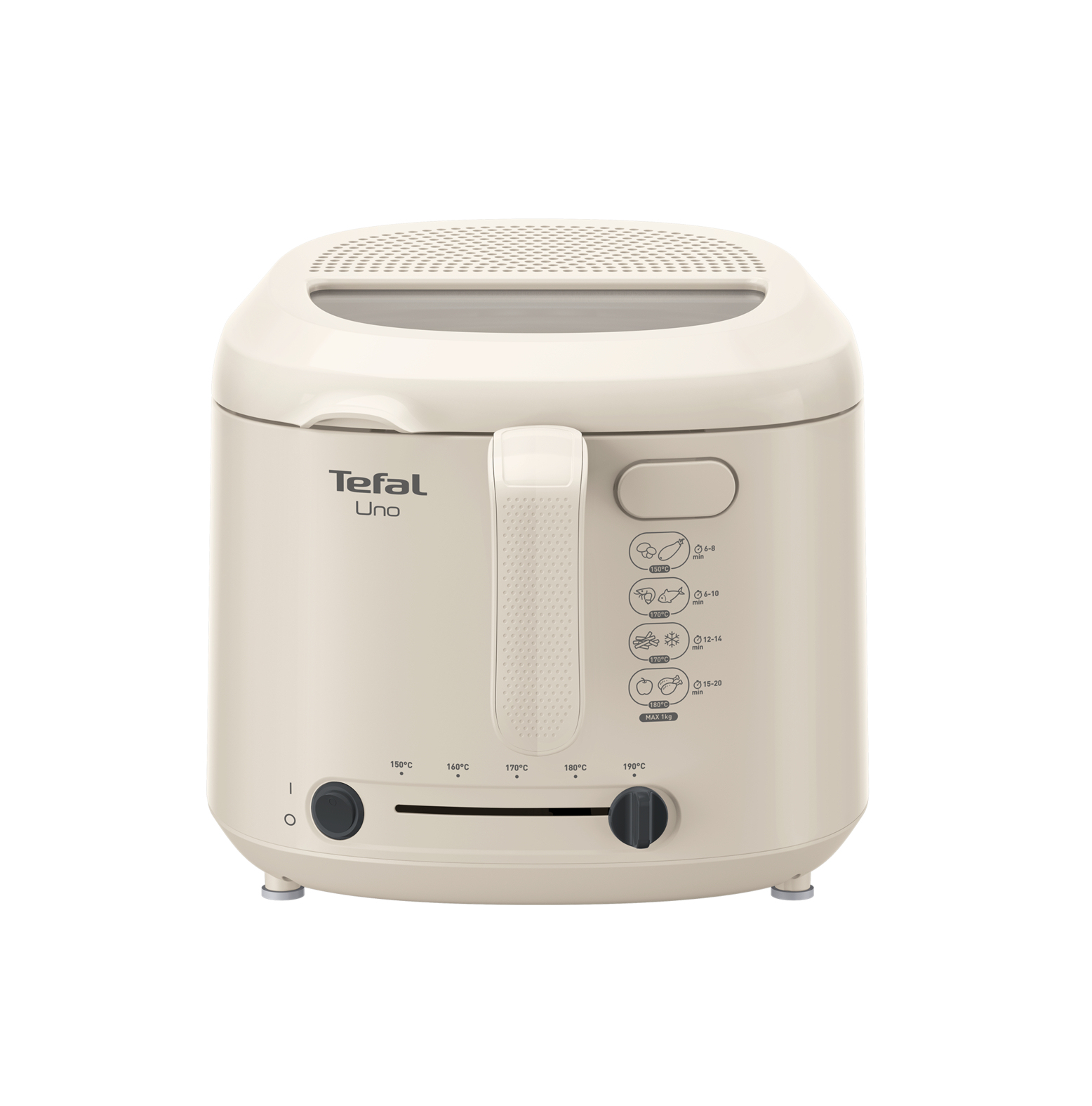 Friggitrice Tefal Uno beige. Ha manopole e pulsanti della temperatura. Ha una maniglia laterale.