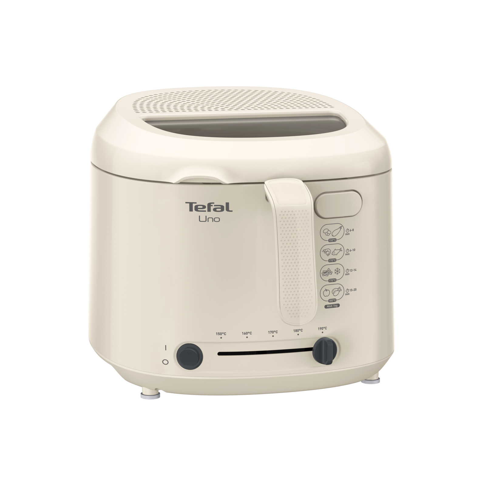 Friggitrice Tefal Uno beige. Ha manopole della temperatura, pulsanti e una maniglia laterale.