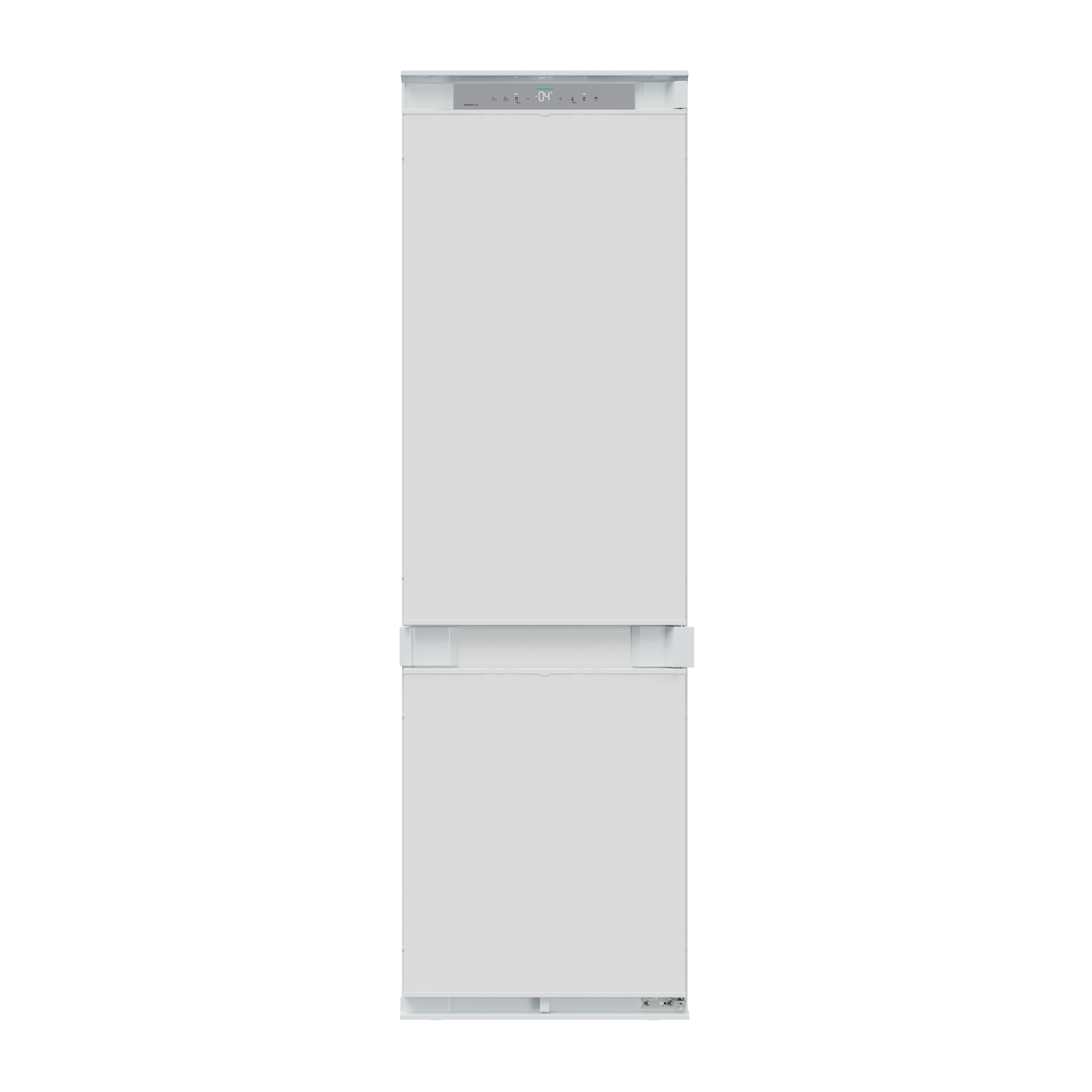 Un frigorifero bianco ad incasso con scomparti superiori e inferiori, un display digitale.
