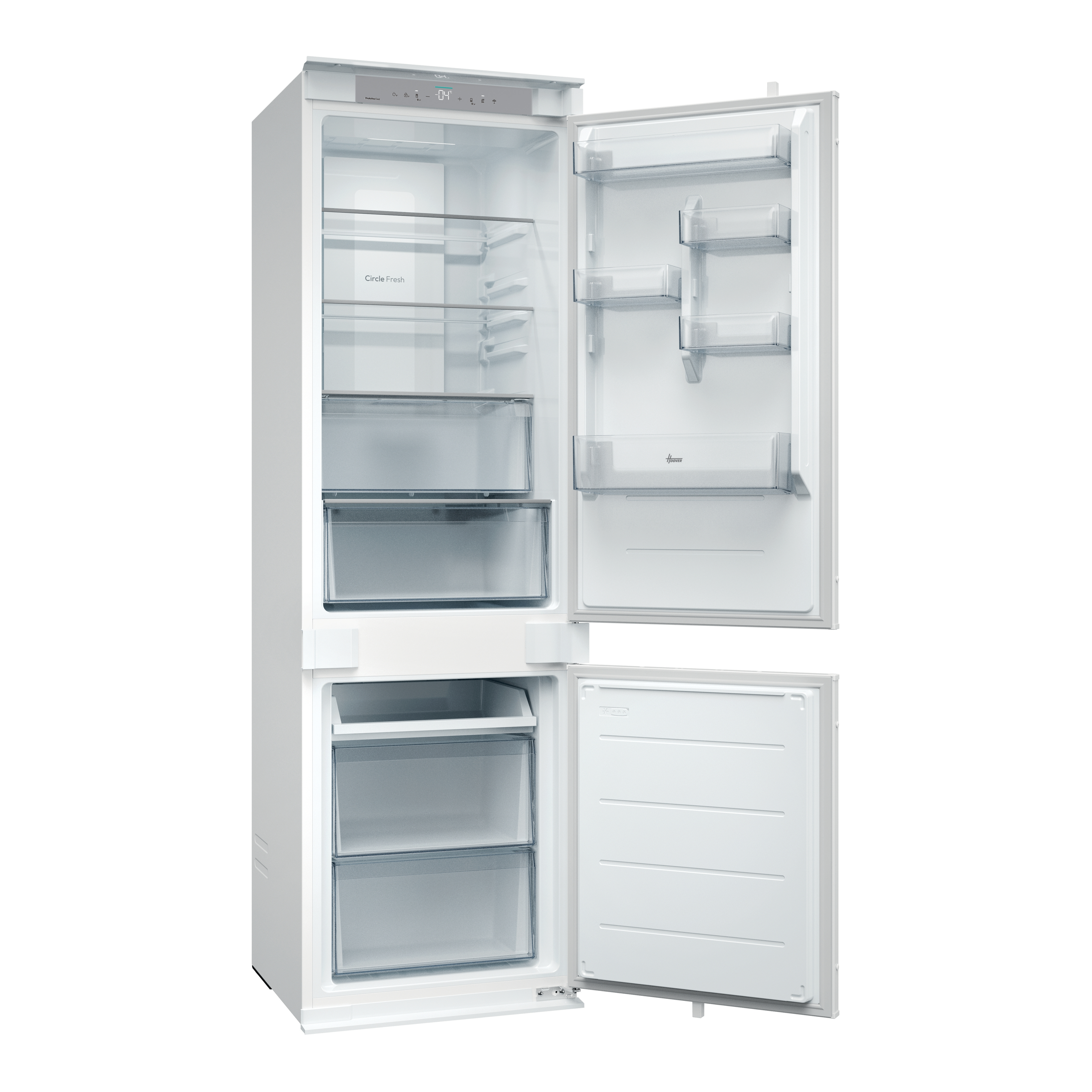 Frigorifero bianco con porte aperte. L'interno mostra ripiani e cassetti. Isolato su sfondo bianco.