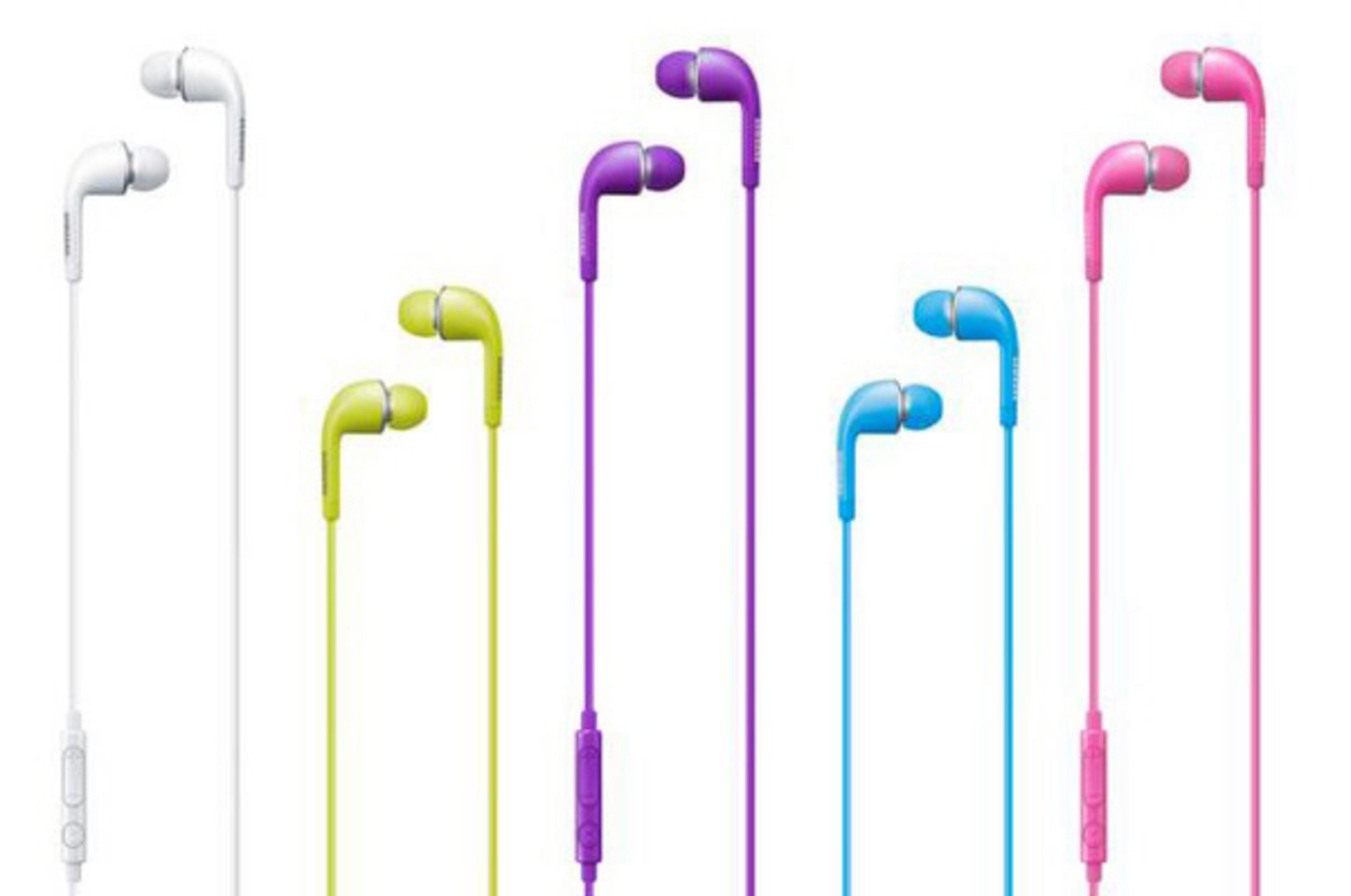 Zestaw kolorowych słuchawek dousznych Samsung, w kolorze białym, żółtym, fioletowym, niebieskim i różowym.
