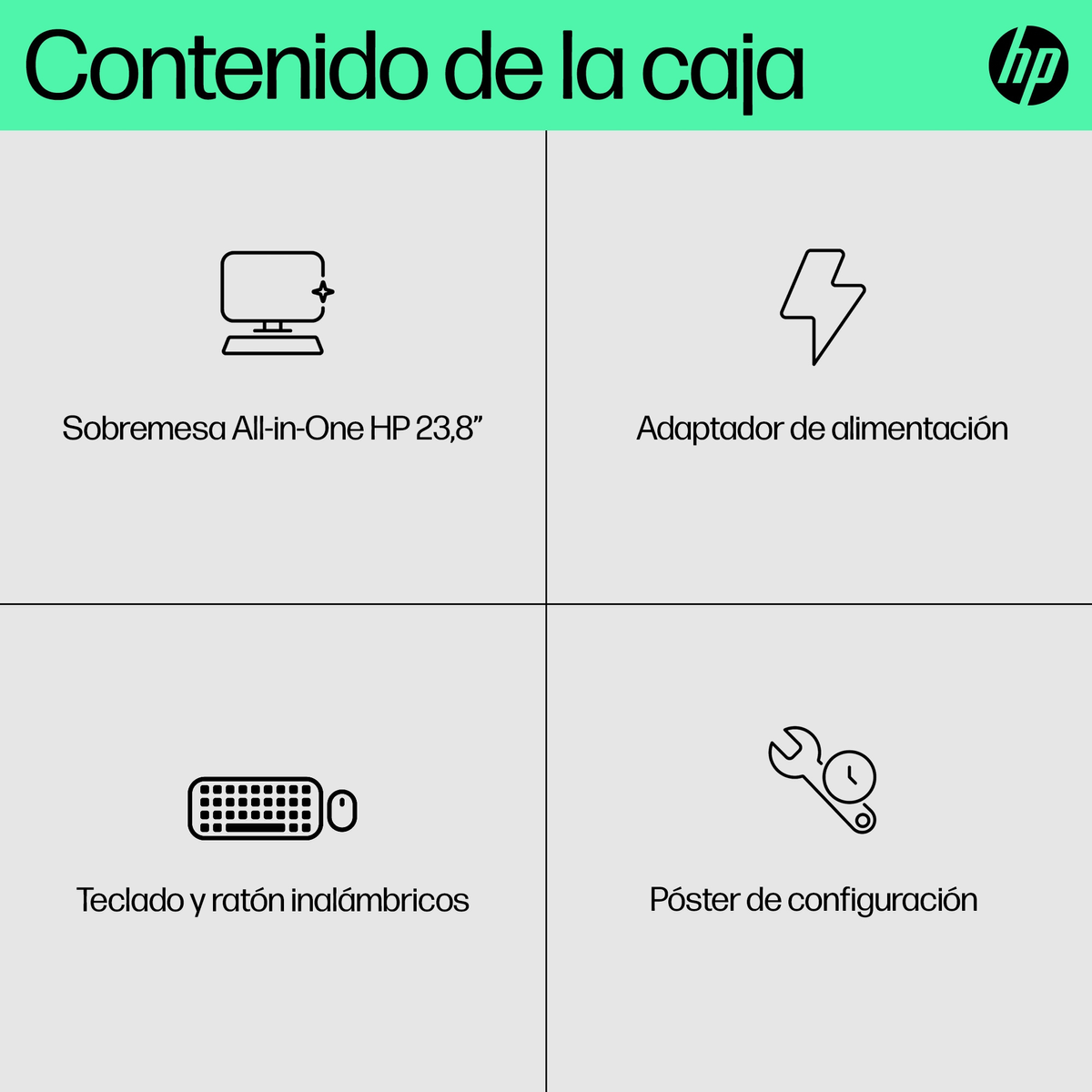 Diagramma che mostra il contenuto di una scatola HP All-in-One: computer, adattatore, tastiera/mouse e poster.