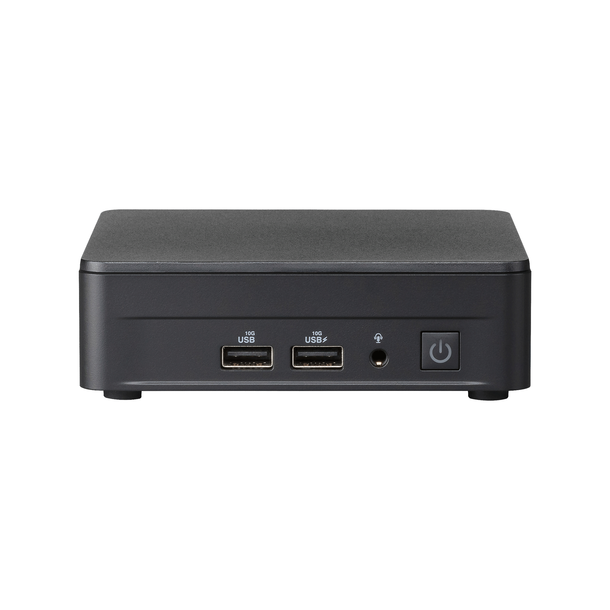 Mini PC nero con porte USB frontali, jack audio e pulsante di accensione. Design minimalista.