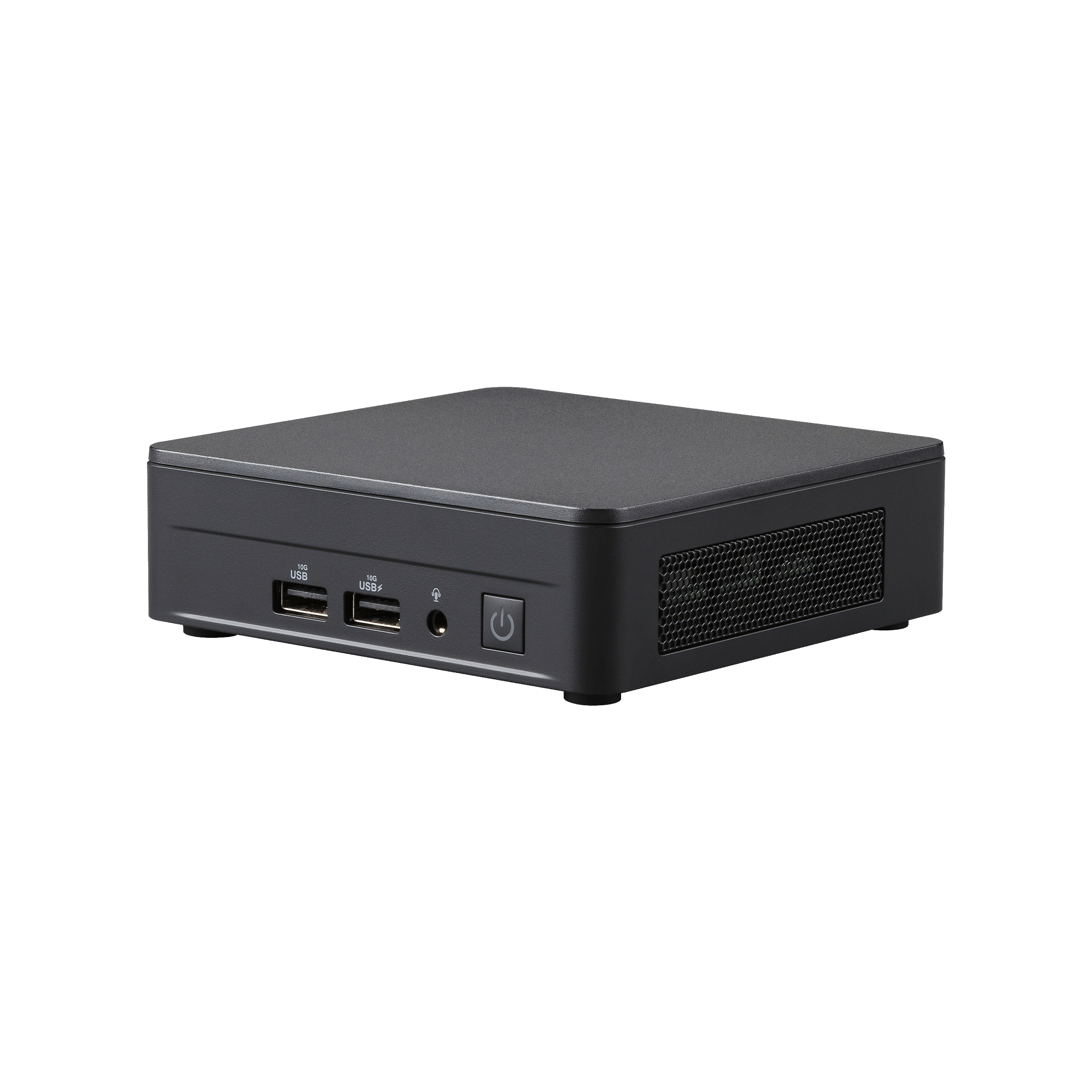 Mini PC nero, vista angolata, con porte USB, jack per cuffie e pulsante di accensione frontali.