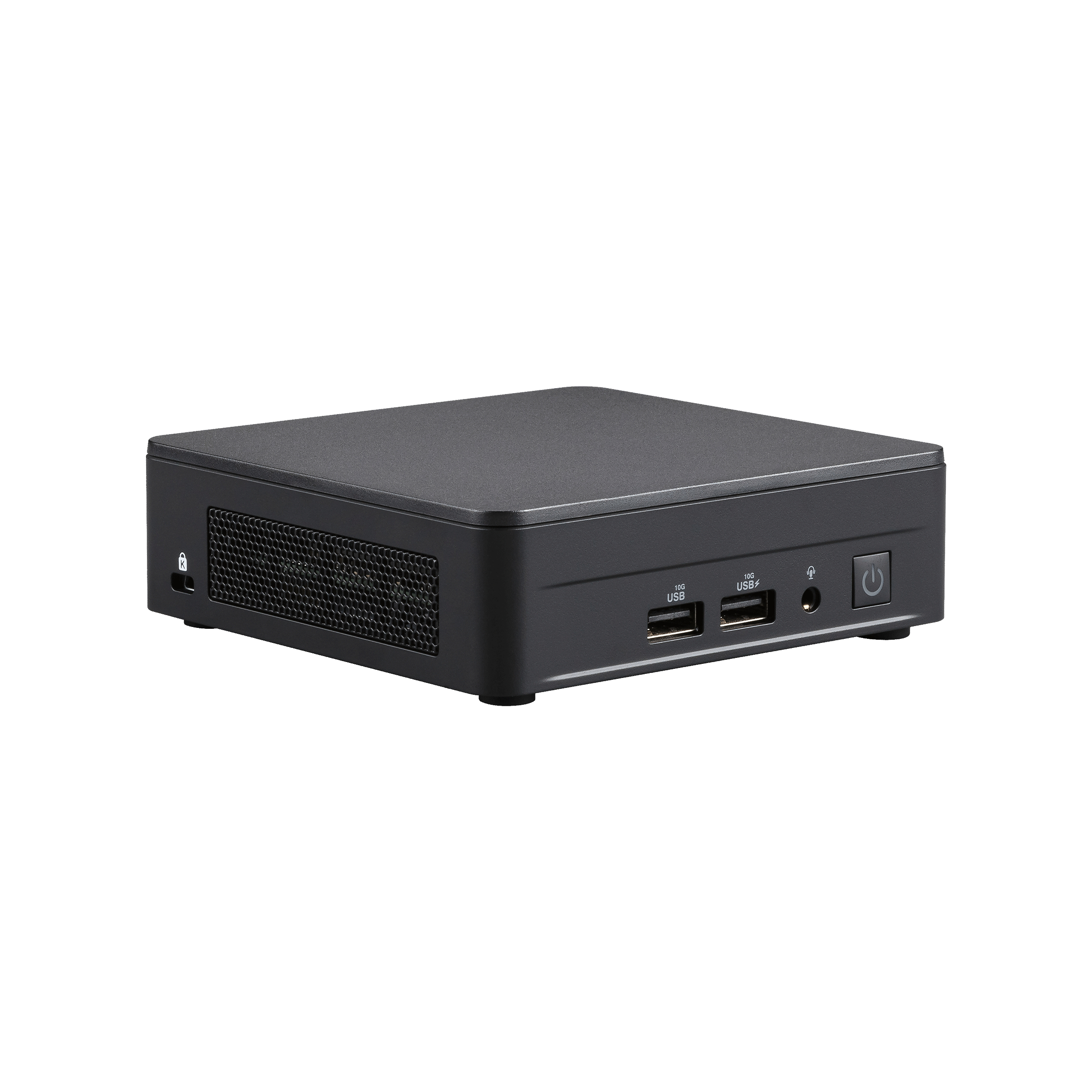 Mini-computer nero con fori di ventilazione e porte USB. Pulsante di accensione a destra.