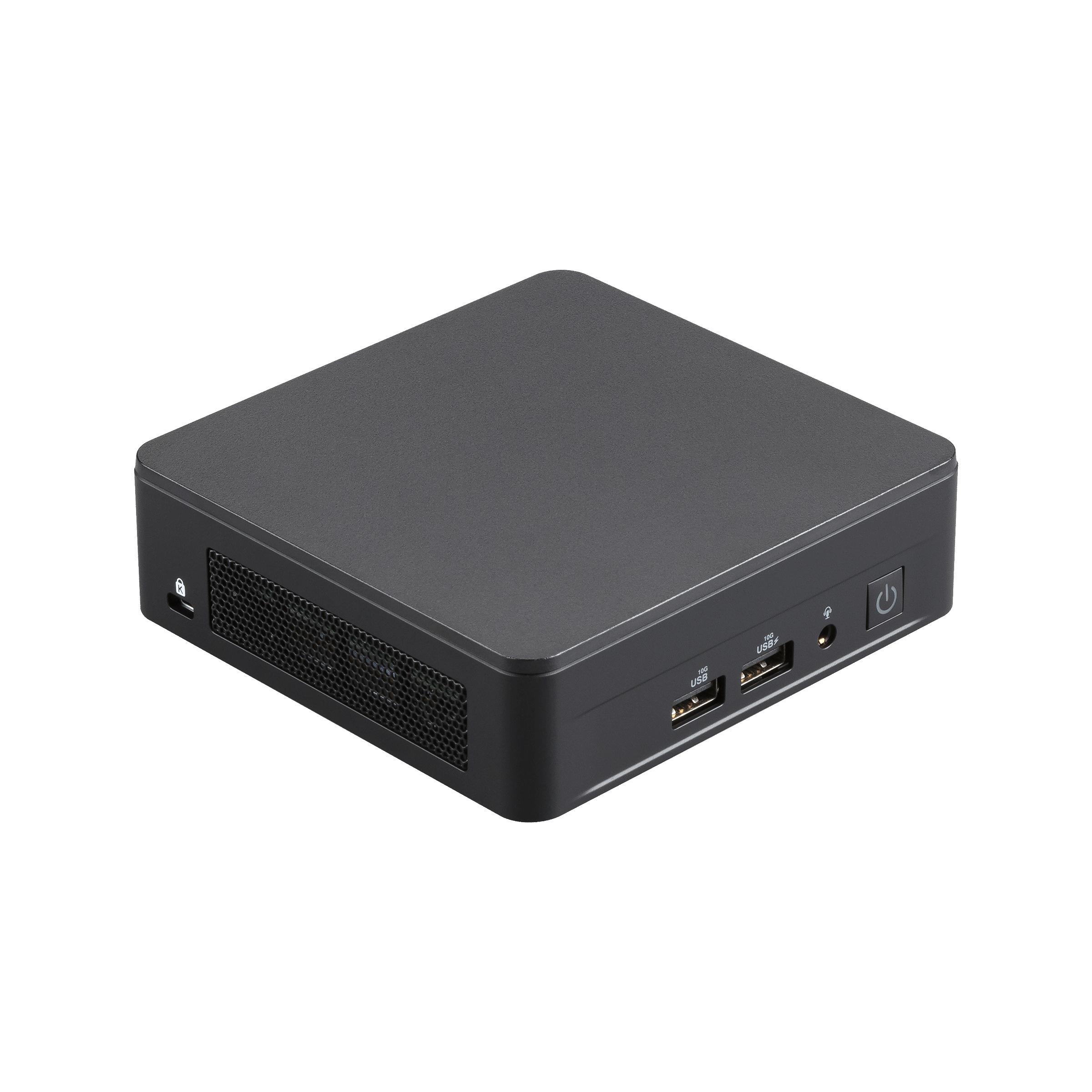 Mini PC nero, vista angolata. Il frontale presenta porte USB e pulsante di accensione. Lati ventilati.