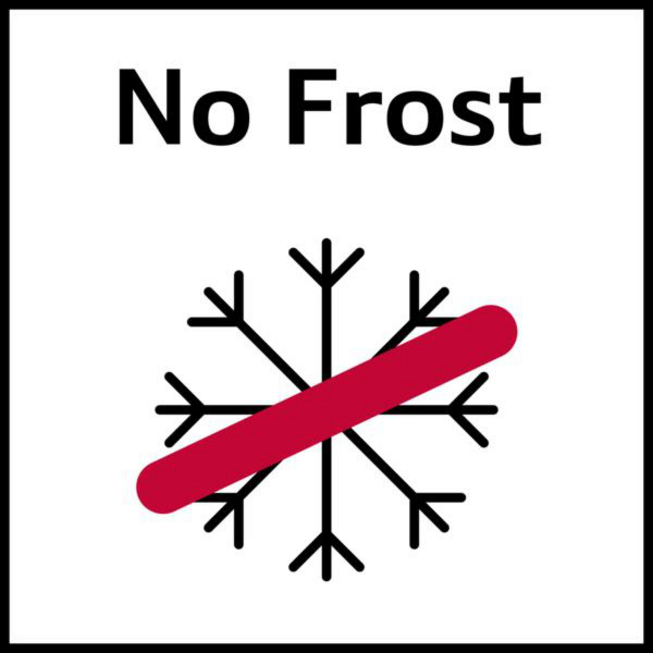 Quadratisches weißes Schild mit 'No Frost' in schwarzem Text, ein durchgestrichenes Schneeflockenbild in Rot.