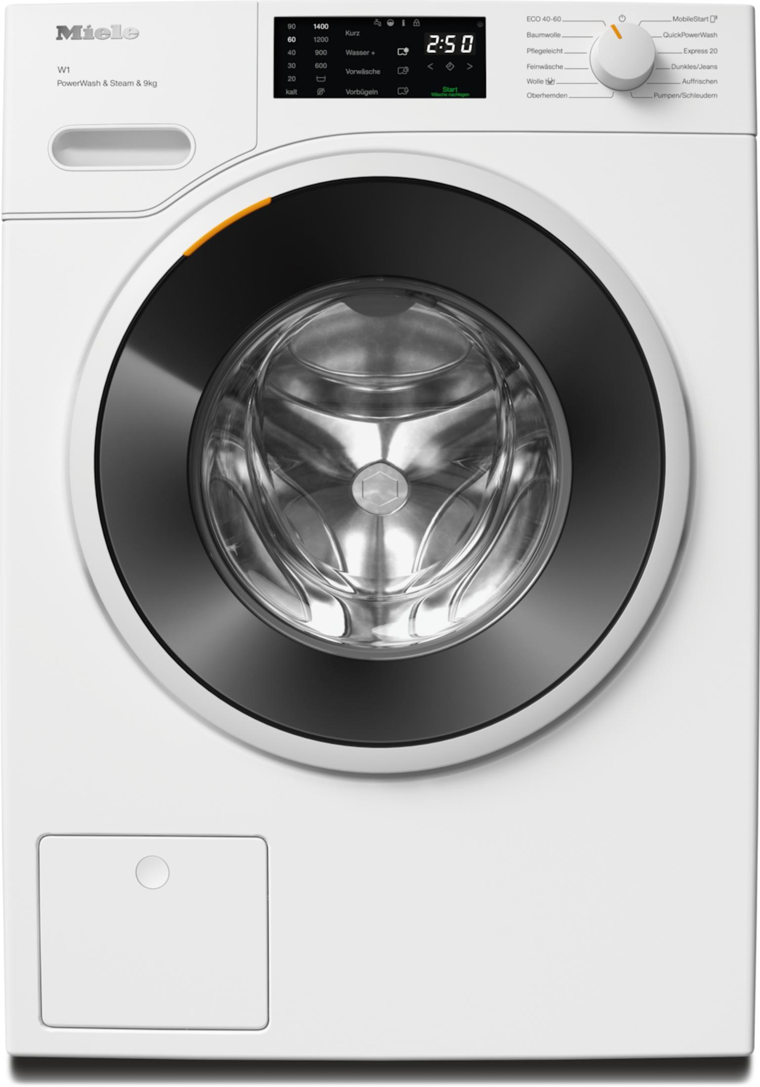 Eine weiße Miele Waschmaschine mit dunkler Tür und Bedienfeld.