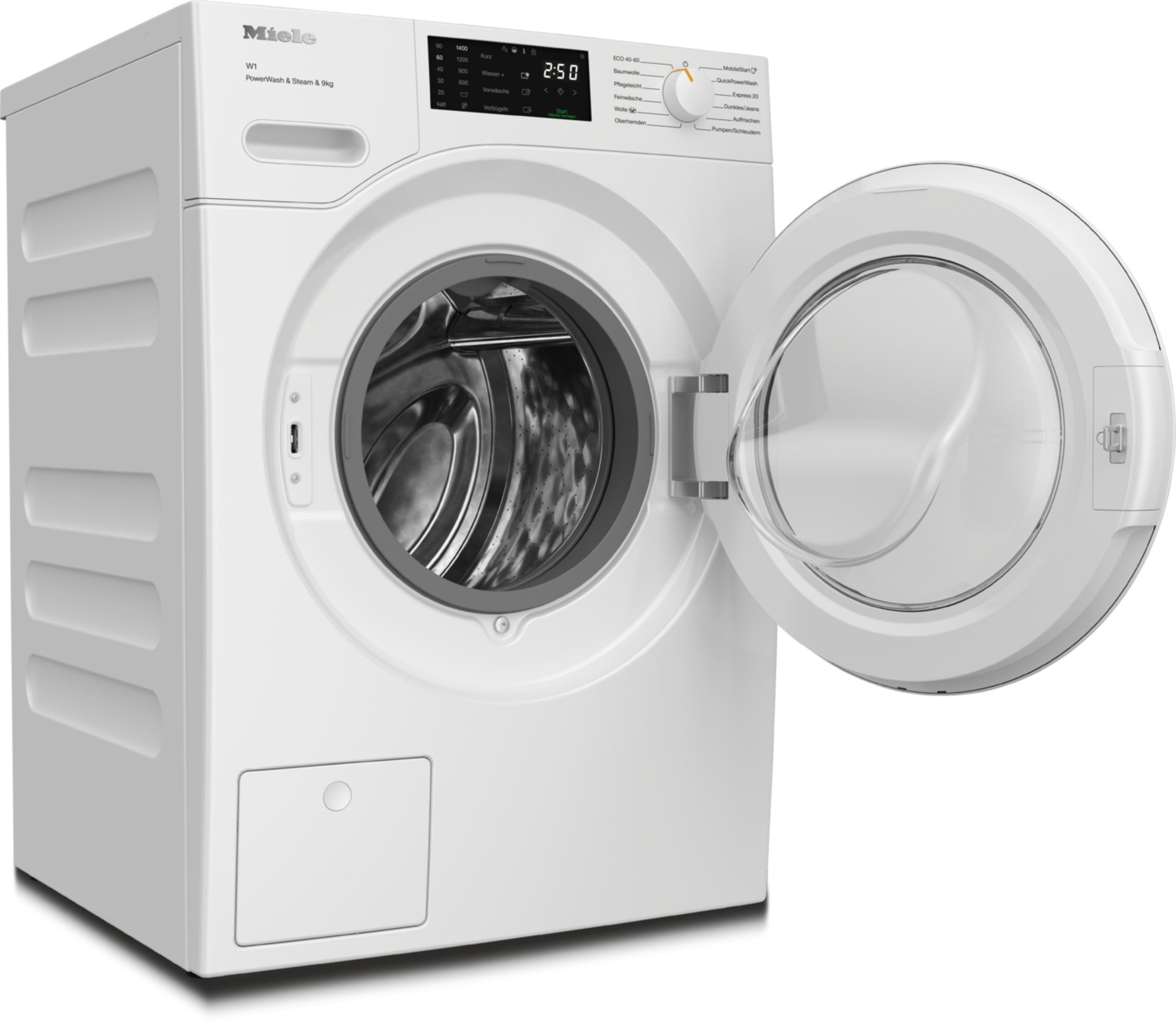 Eine weiße Miele Waschmaschine mit geöffneter Tür, nach rechts angewinkelt.