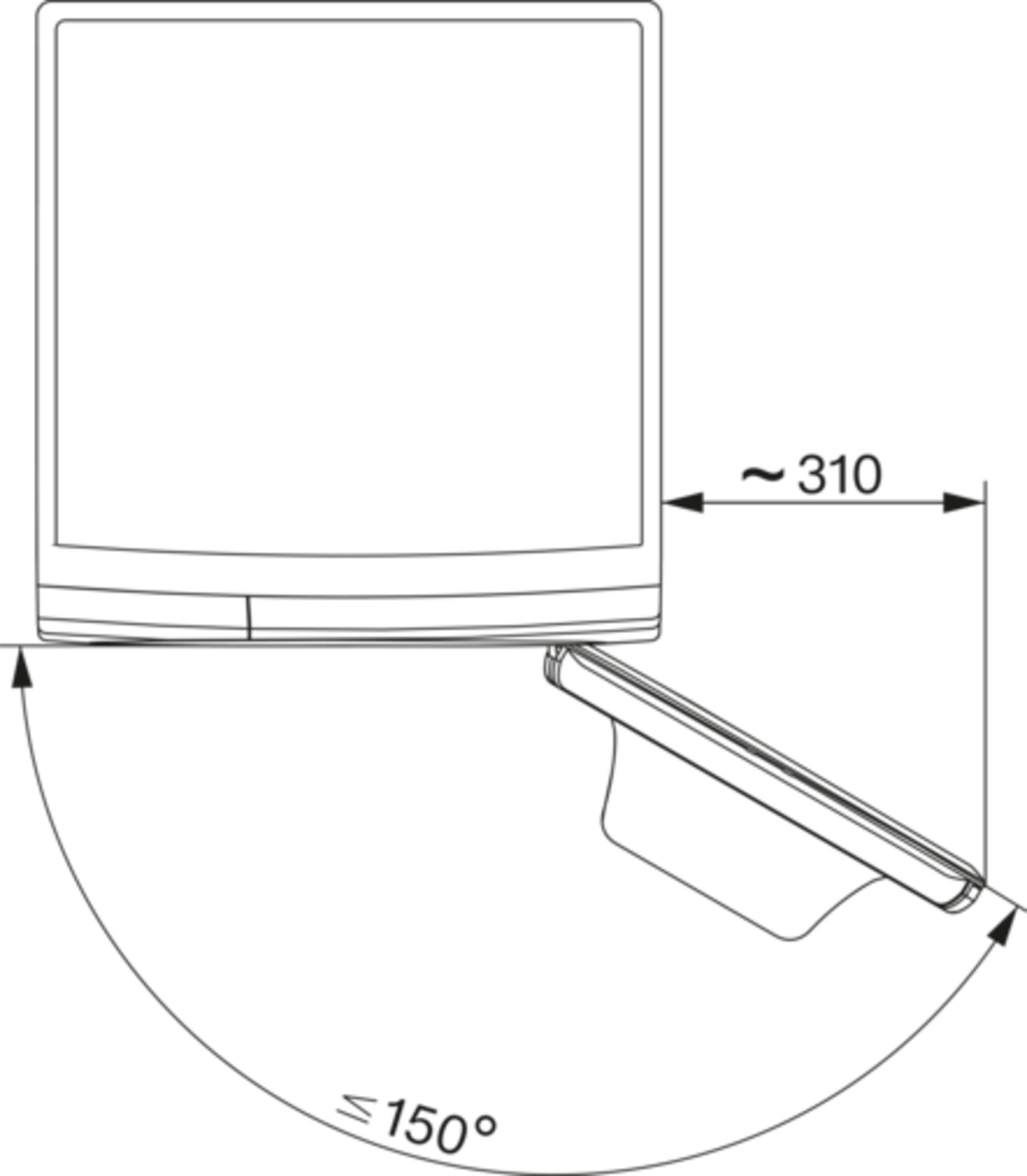 Diagramm, das ein rechteckiges Objekt mit offenem Deckel und einem 150-Grad-Winkel zeigt.