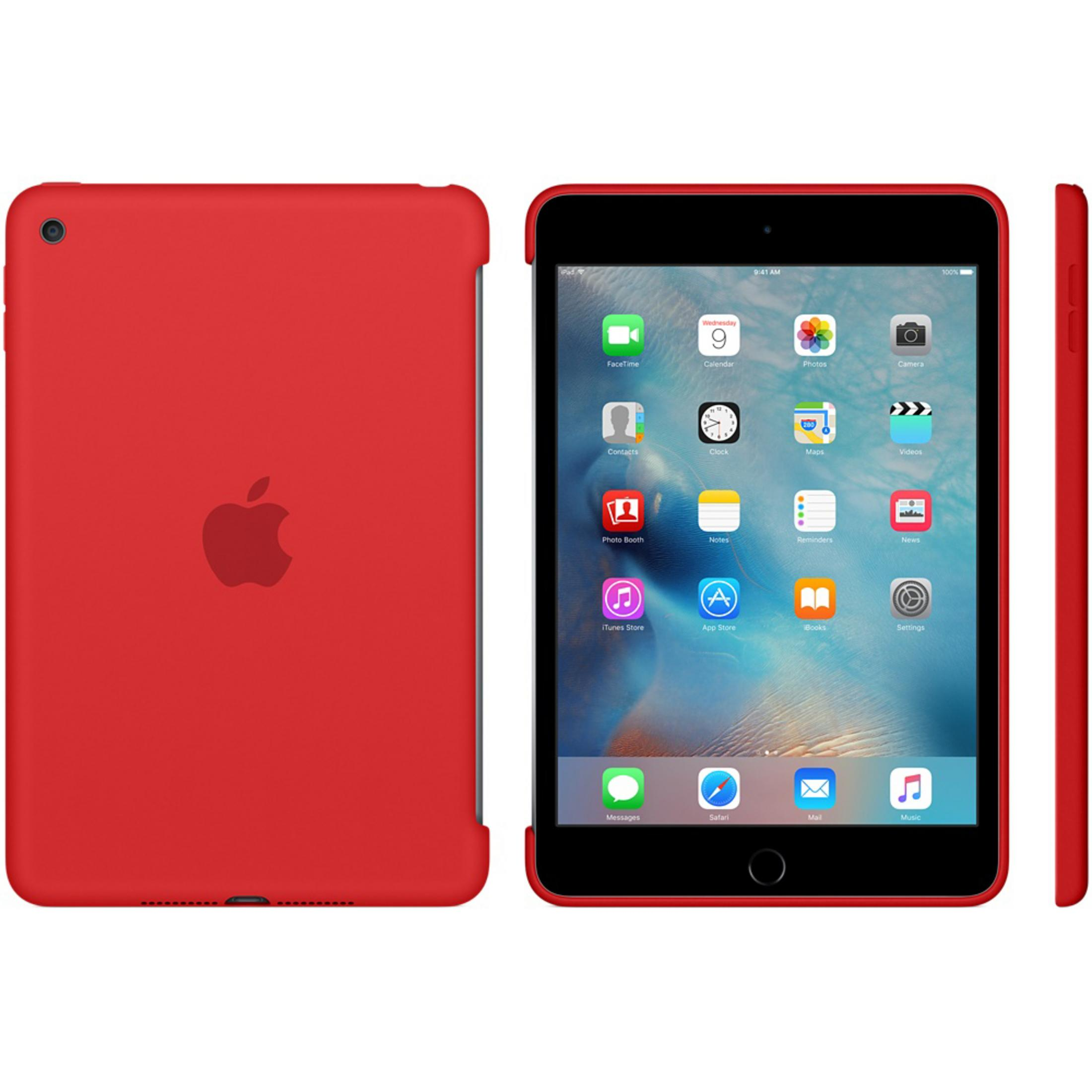 Custodia rossa per iPad Mini. Mostra la parte anteriore e posteriore del tablet e della custodia, vista laterale.