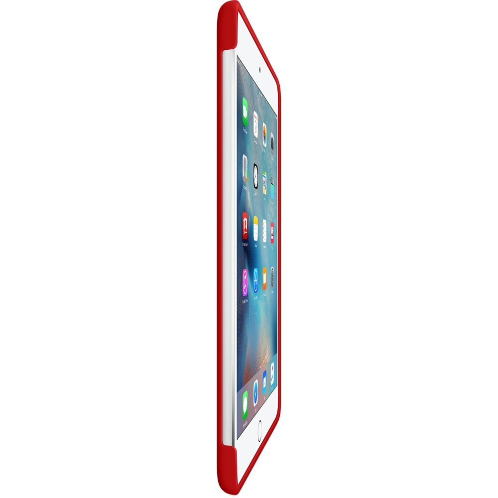 Vista laterale di un iPad con custodia rossa. Schermo mostra icone app, sfondo bianco.
