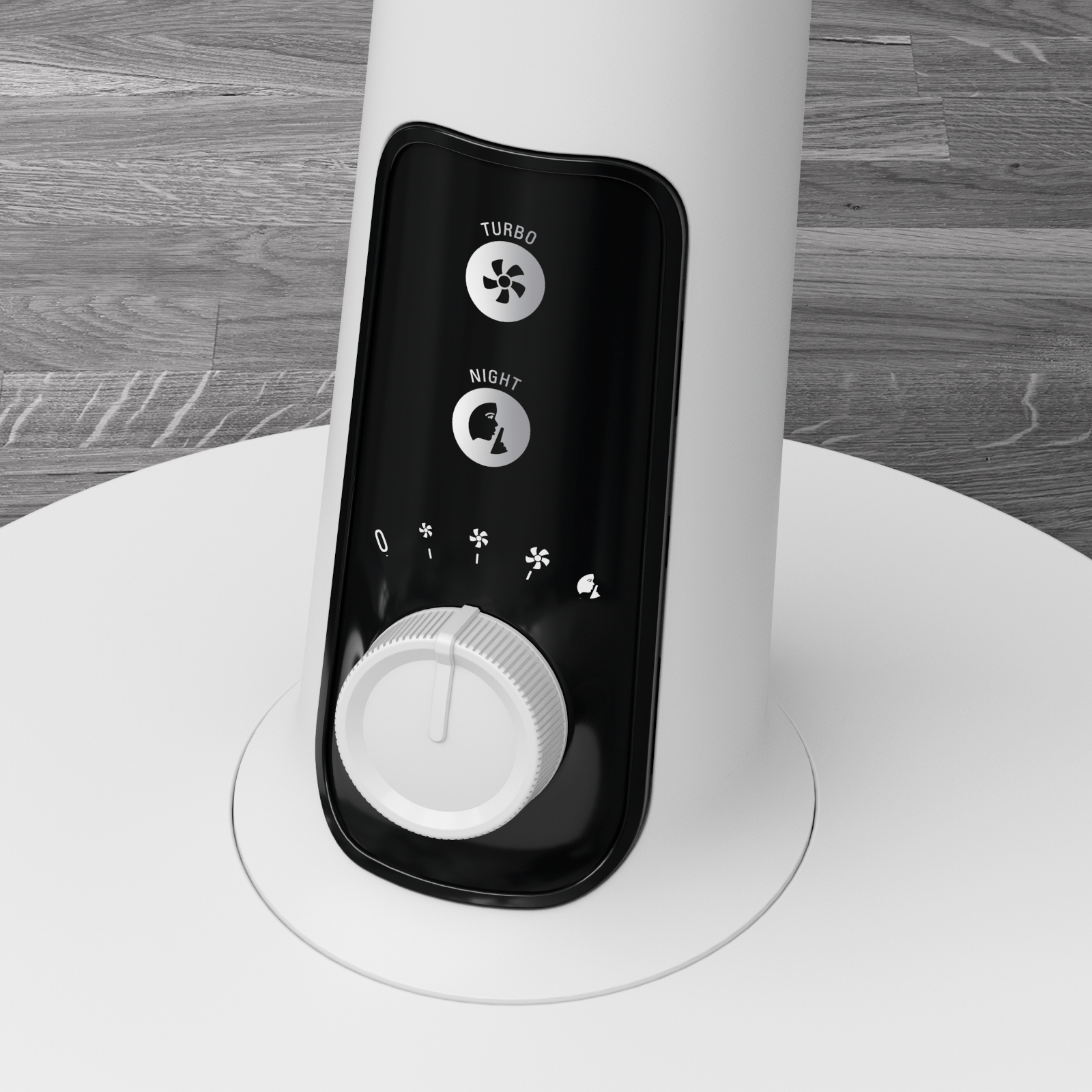 Biały panel sterowania wentylatorem z trybami turbo i nocnym. Obecne są również pokrętło i ikony prędkości wentylatora.