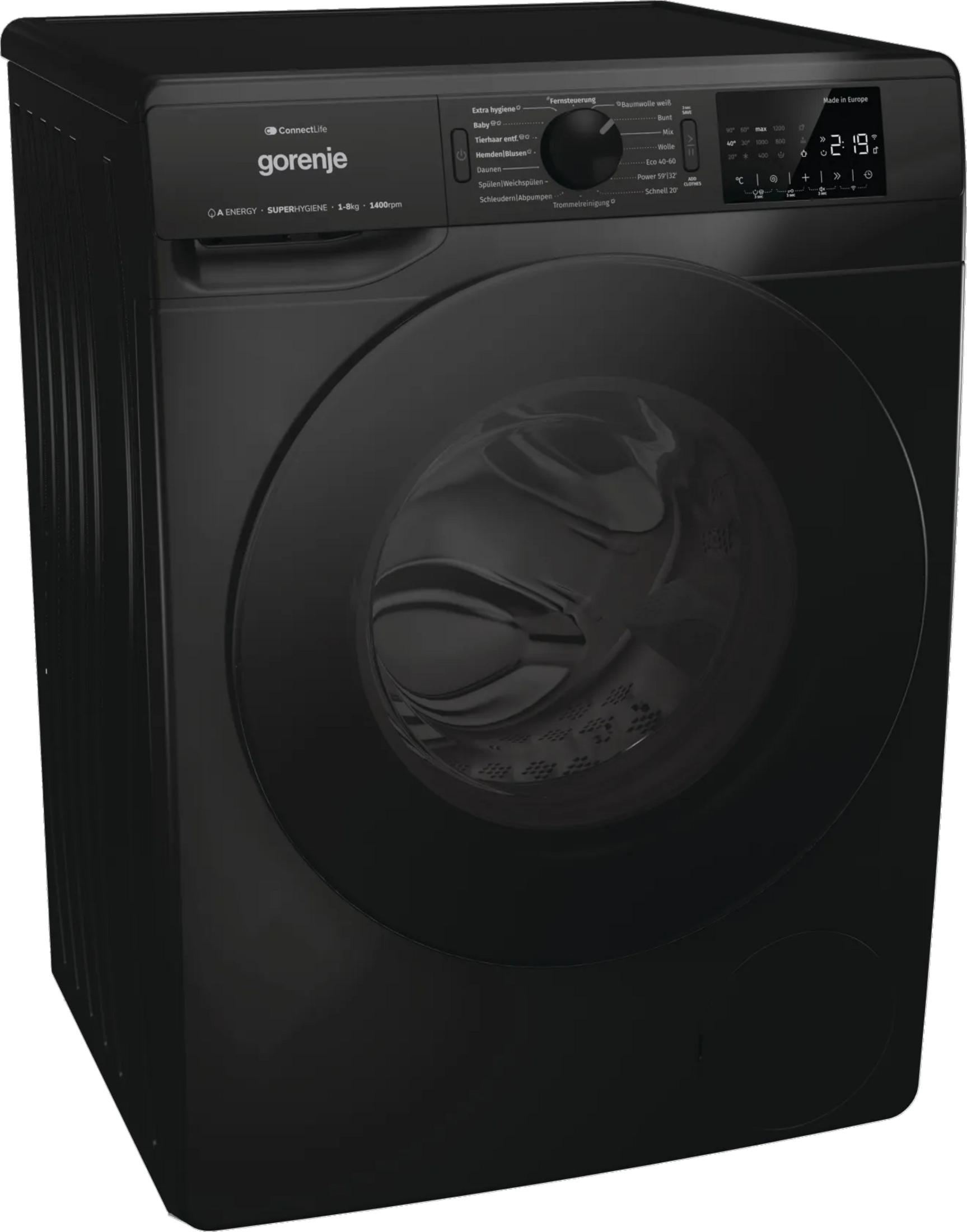 Schwarze Gorenje Waschmaschine mit Glastür, Frontansicht.