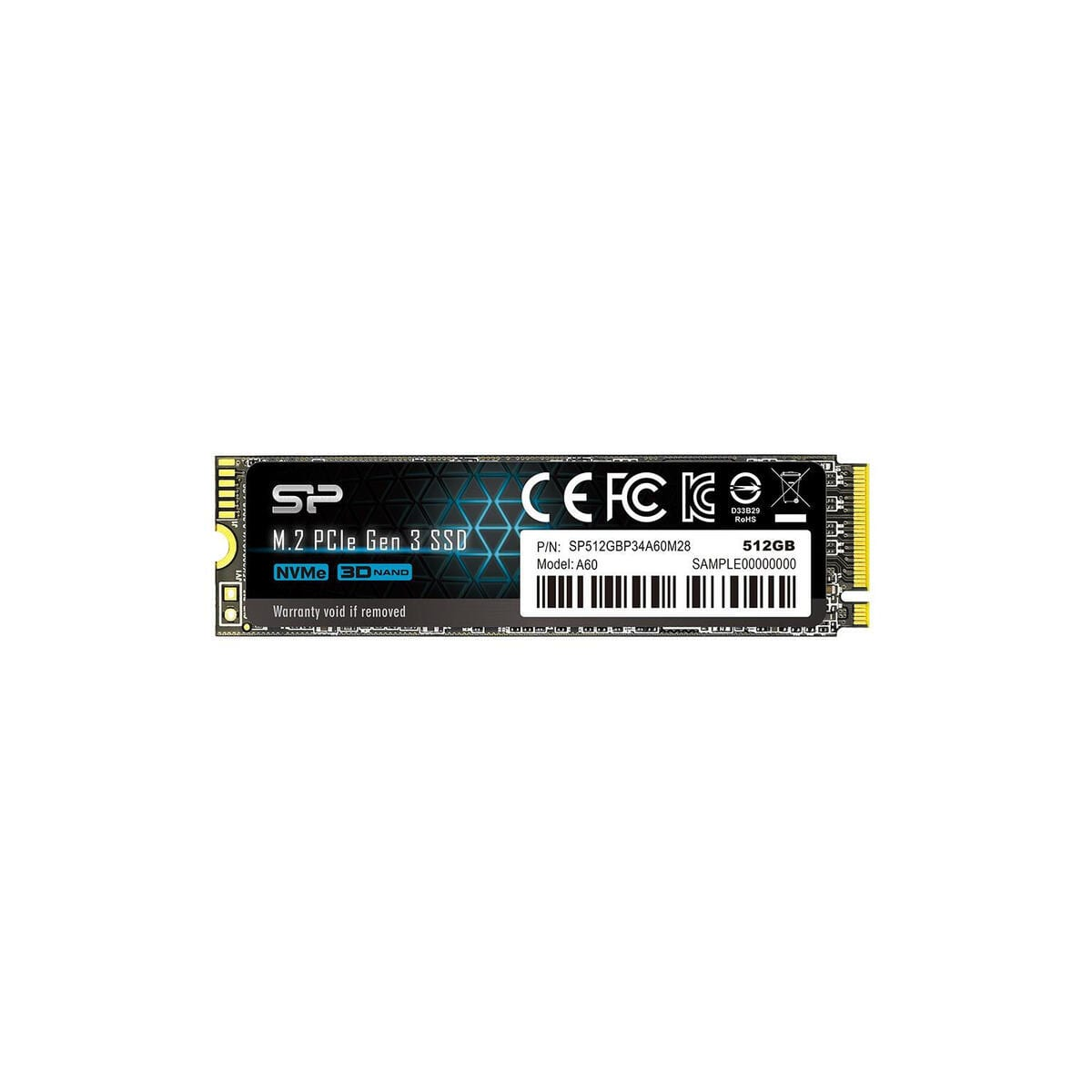 Schwarze M.2 PCIe Gen 3 SSD. Das Gerät hat ein schwarzes Gehäuse mit weißen und roten Etiketten. 512 GB Kapazität.