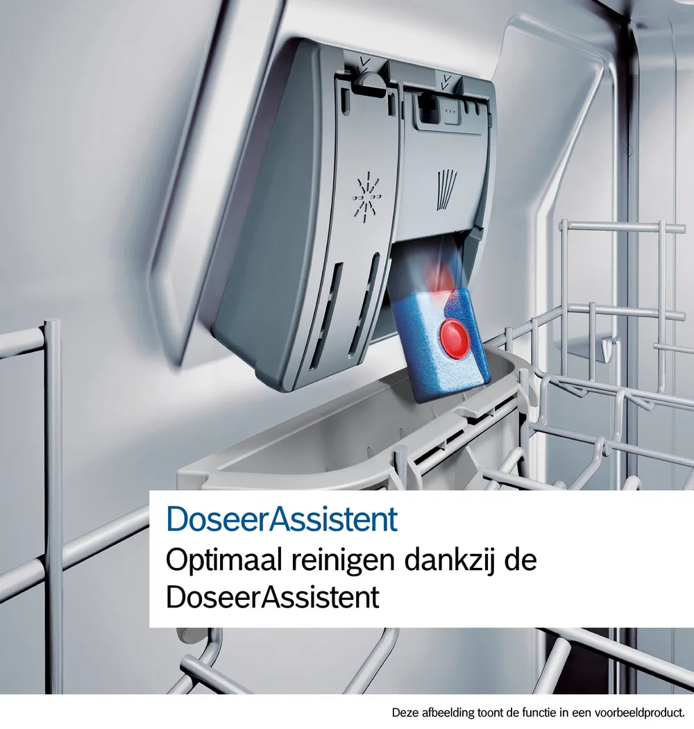 Distributeur de détergent pour lave-vaisselle. Une pastille de détergent bleue est à l'intérieur.