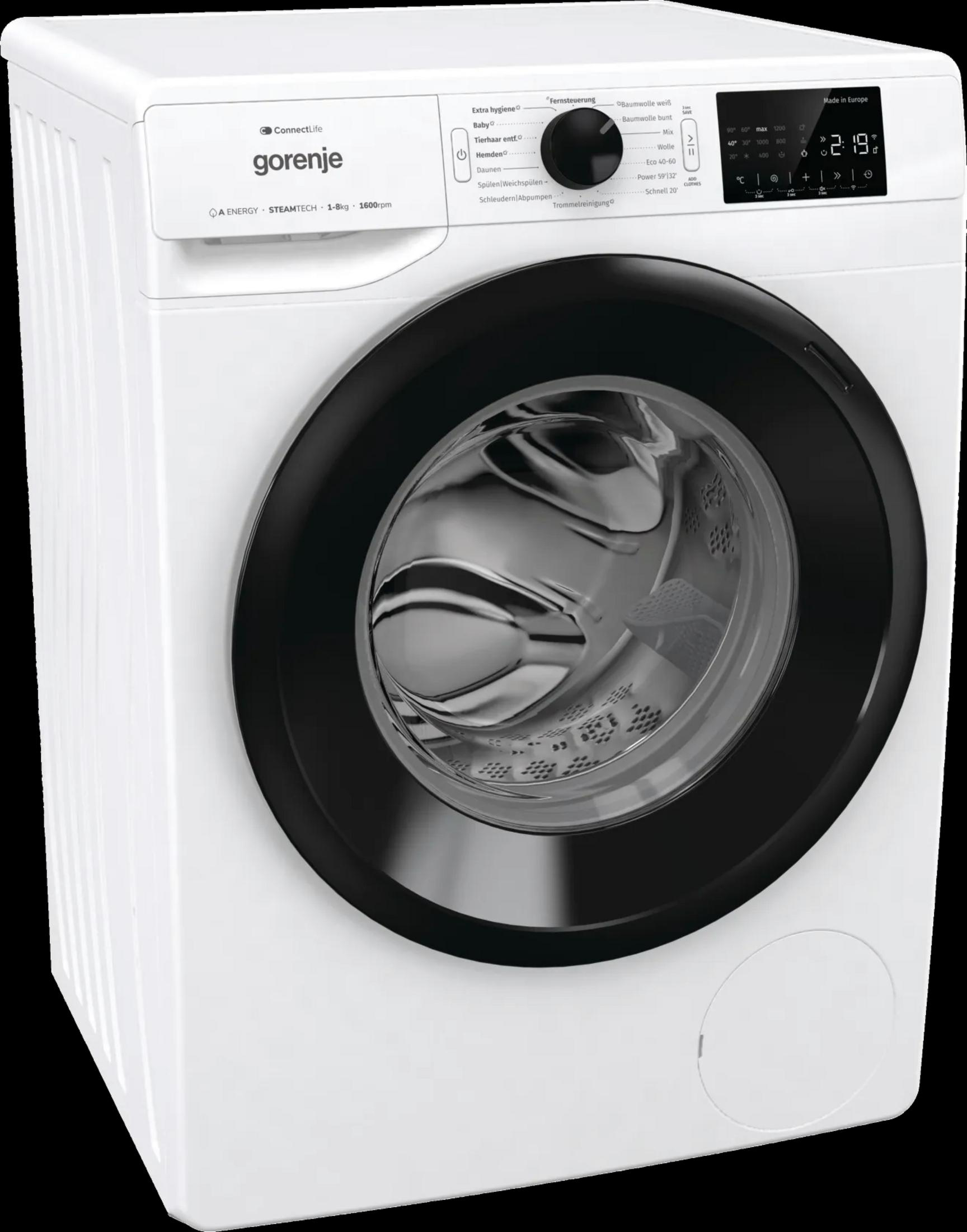 Weiße Gorenje Waschmaschine, schwarze Tür, mit Digitalanzeige, Vorderansicht.