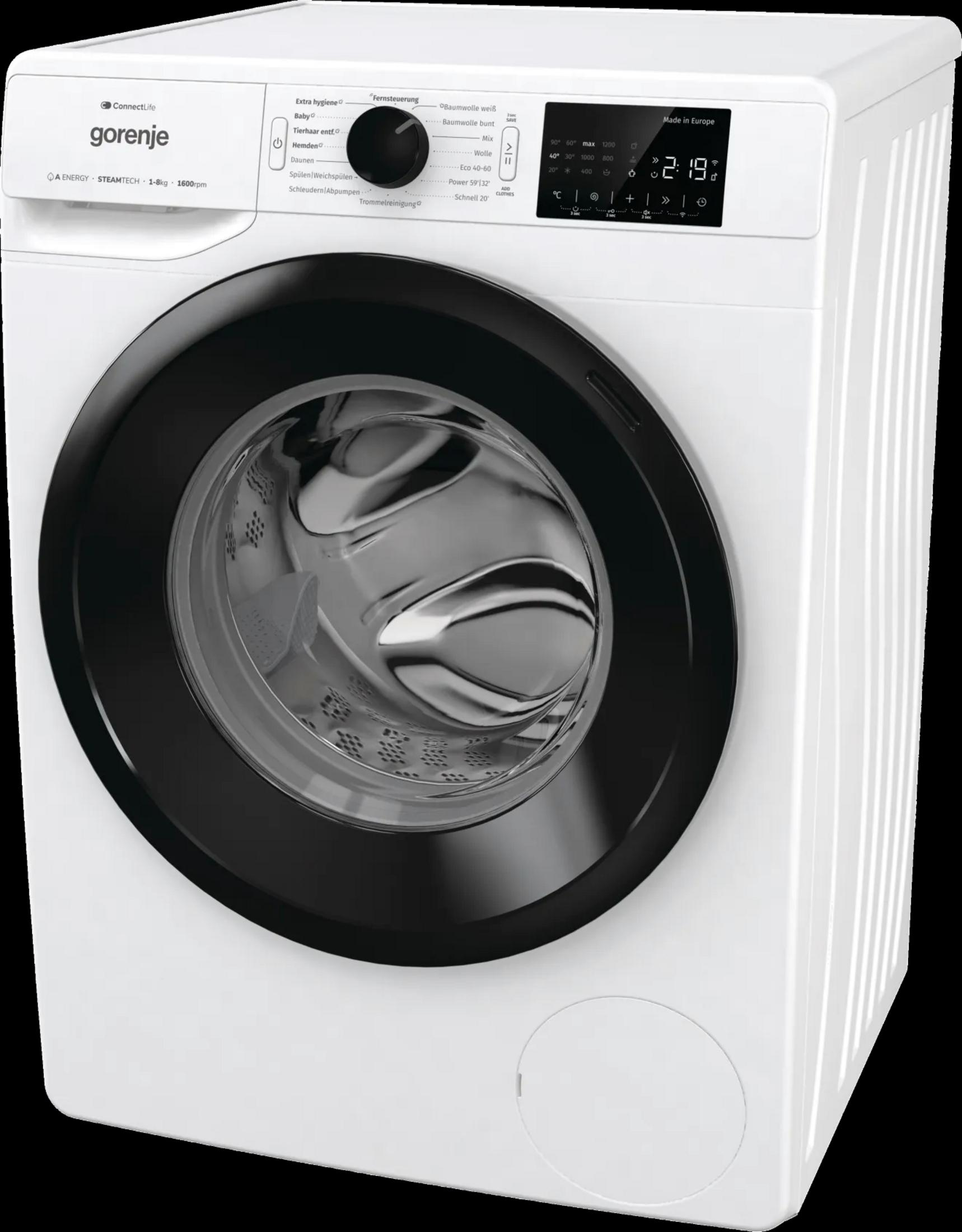 Weiße Gorenje Waschmaschine, mit schwarzer Tür, Vorderansicht, mit Digitalanzeige.