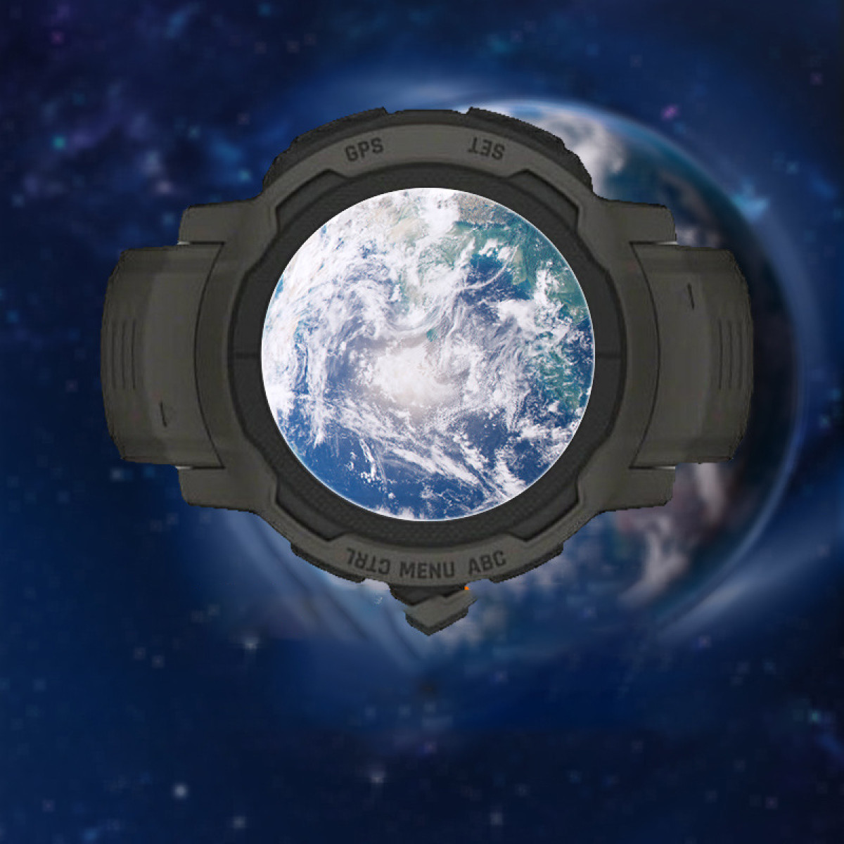 Smartwatch pokazujący Ziemię na okrągłym wyświetlaczu, z widocznymi przyciskami GPS i menu.