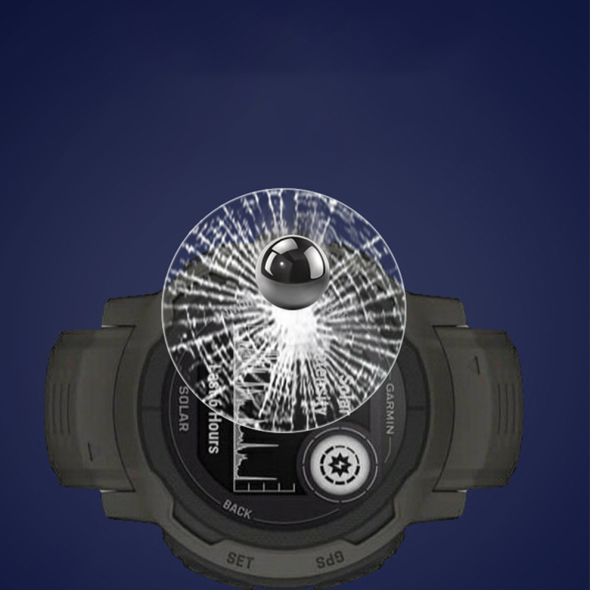 Zegarek Garmin Instinct z pękniętym ekranem na niebieskim tle.