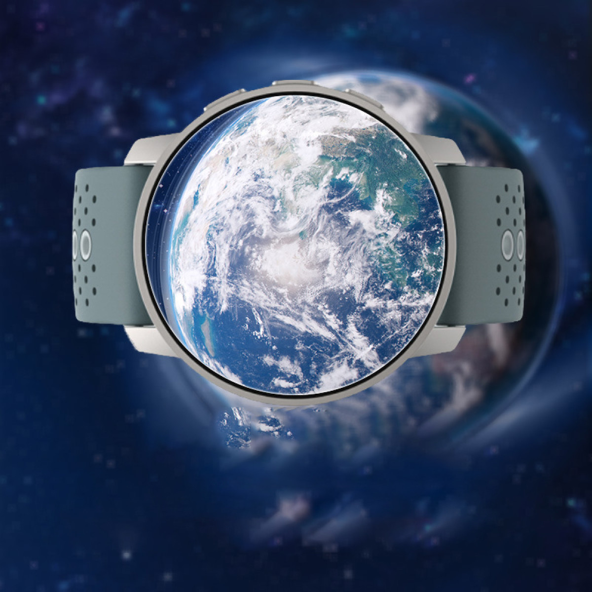 Smartwatch-Bildschirm zeigt die Erde, mit einem blau-grünen Planetenbild und einem Sternenhintergrund.