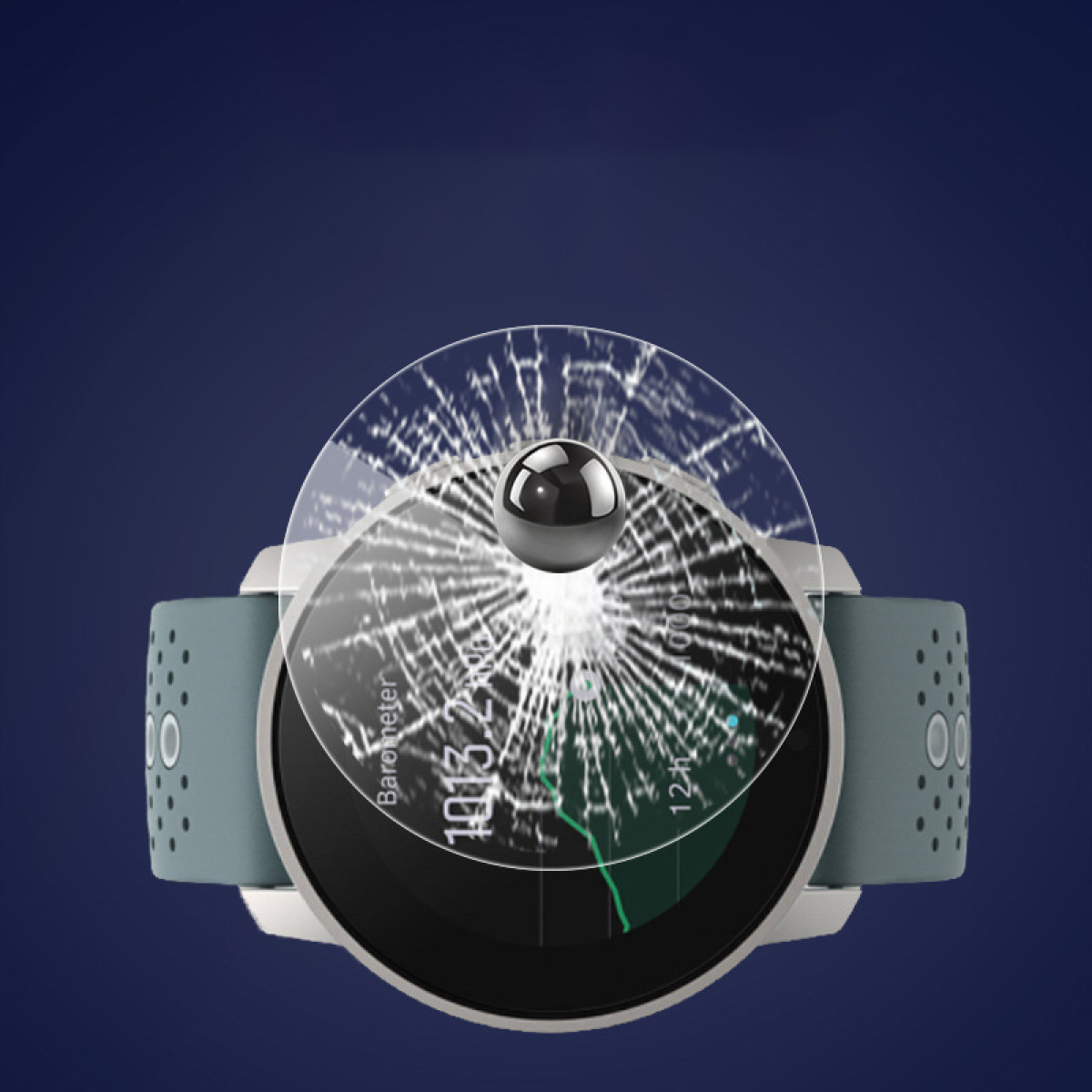 Eine Smartwatch mit zerbrochenem Bildschirm, ein Ball ist kurz davor, sie zu treffen.