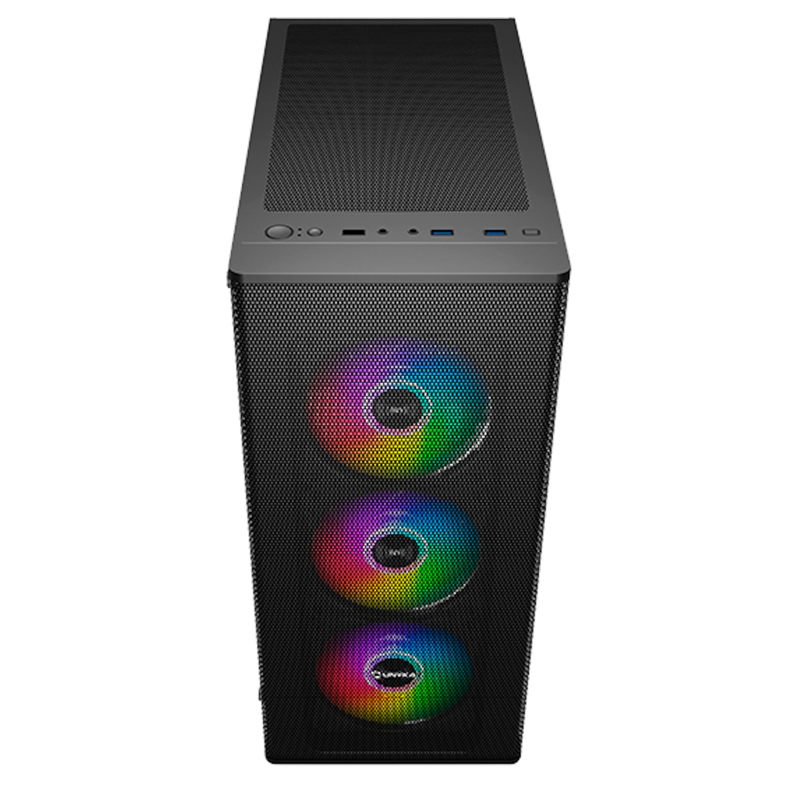Vista superior de una caja de PC negra con tres ventiladores RGB visibles en el frente.
