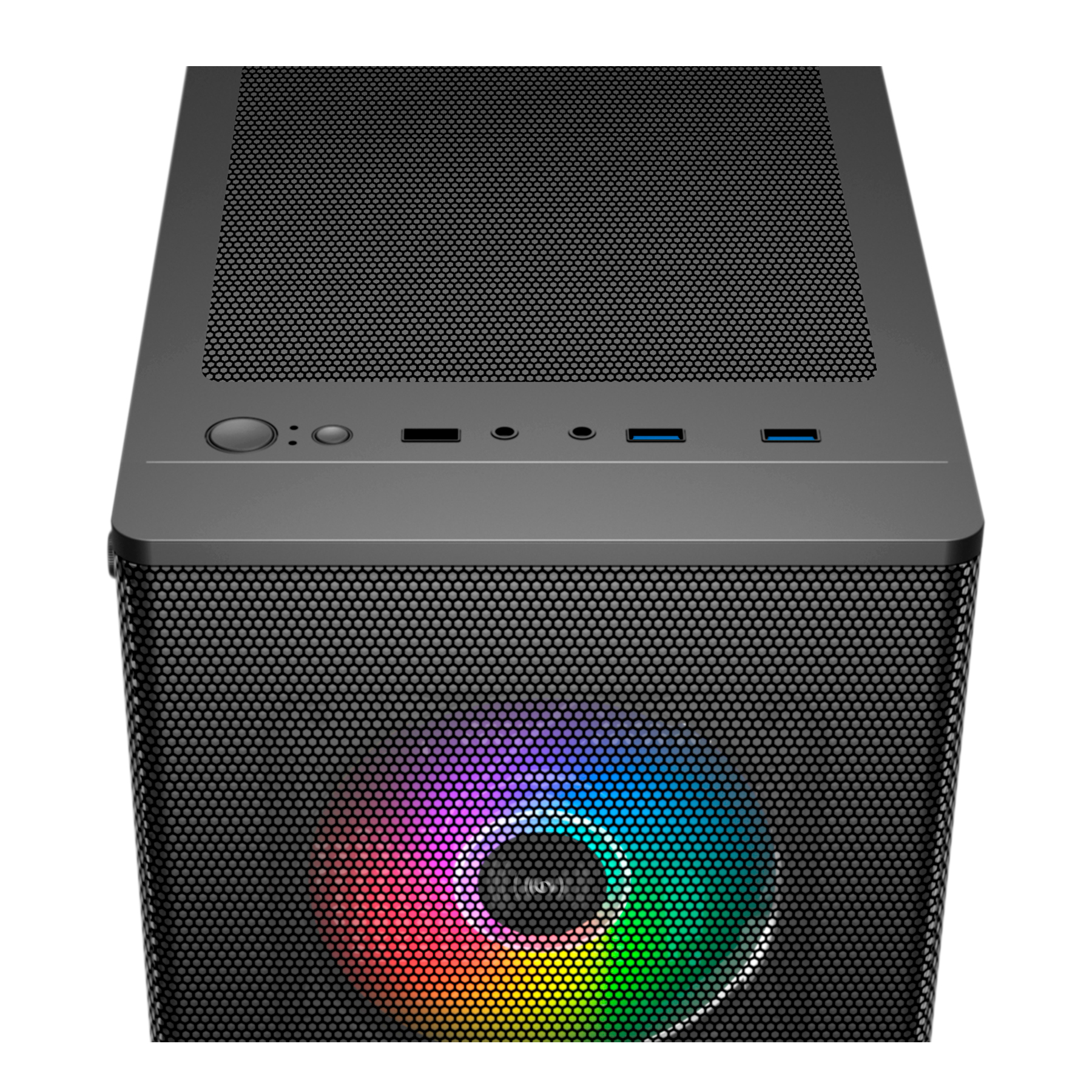 Primer plano del panel frontal de una caja de PC negra con ventilador RGB y puertos superiores.