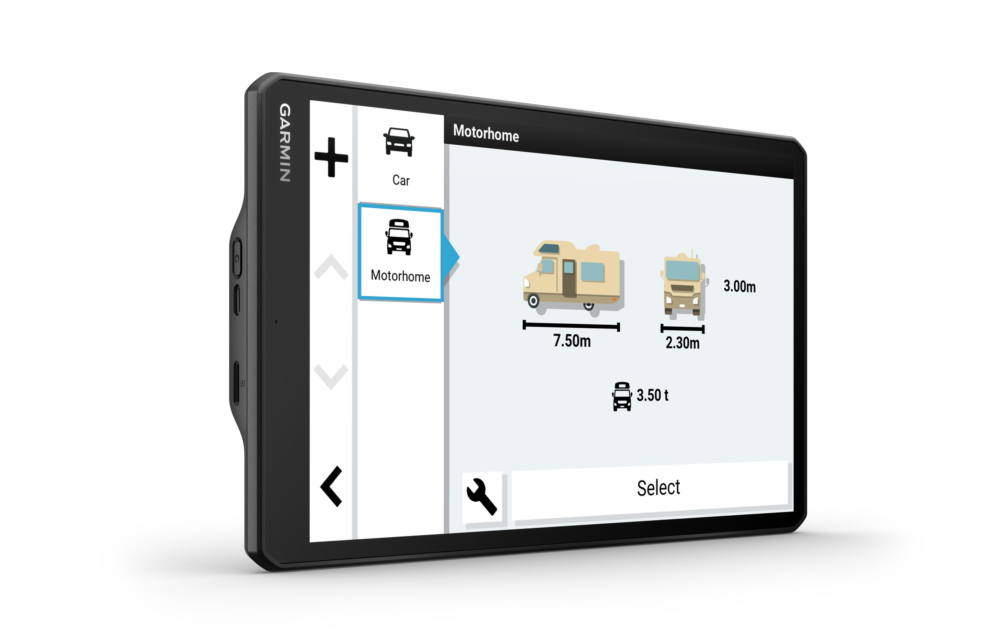 Ein schwarzes Garmin-Gerät, das einen Motorhome-Auswahlbildschirm mit Fahrzeugabmessungen anzeigt.
