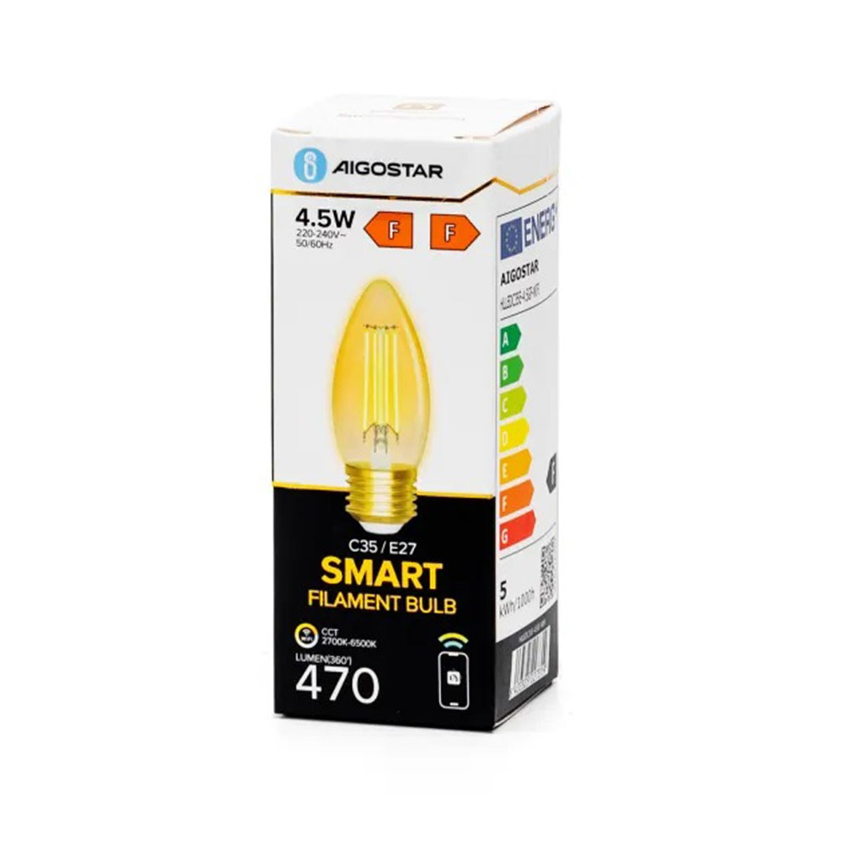 Una lampadina in una scatola. La scatola mostra la lampadina, la classificazione energetica e le specifiche. Smart Filament Bulb.
