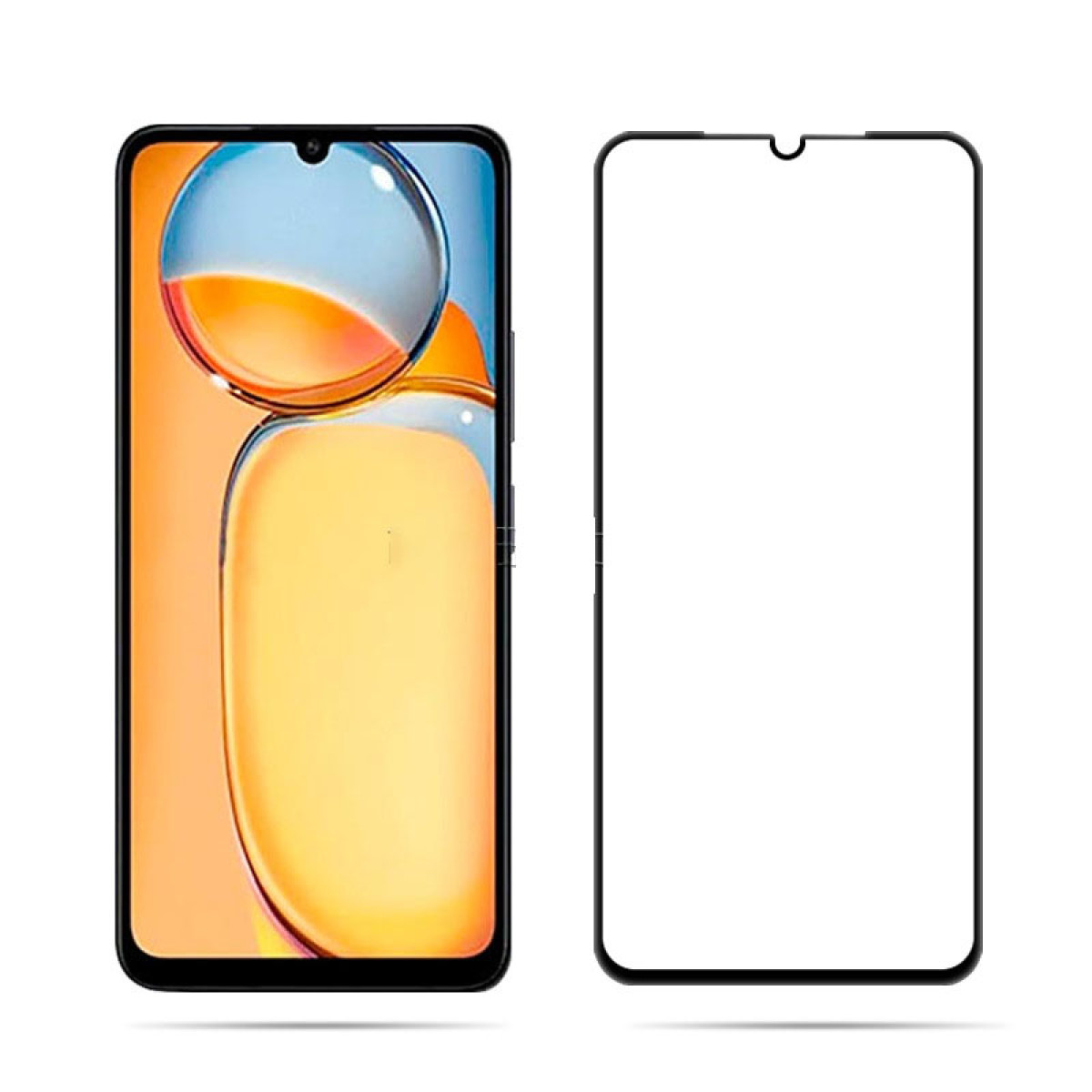 Uno schermo del telefono con una protezione per lo schermo. Lo schermo del telefono è arancione e blu.
