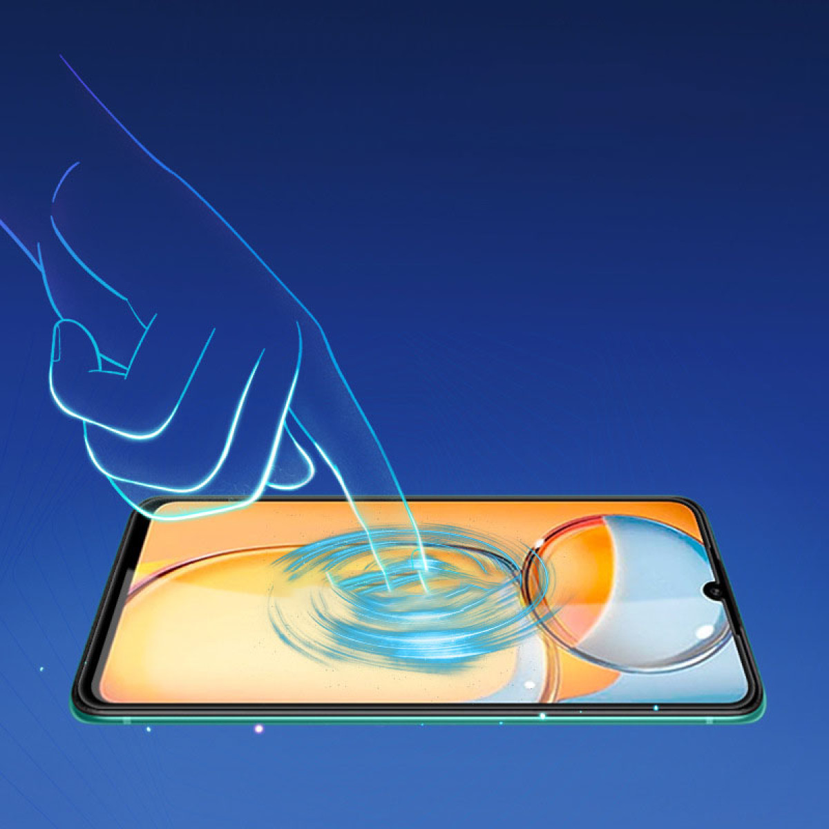 Una mano tocca lo schermo di uno smartphone con effetto increspature d'acqua, sfondo blu.