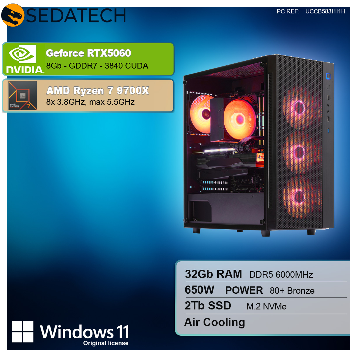 Un case per PC con componenti. Il testo indica GeForce RTX 5060, AMD Ryzen 7 9700X, 32GB RAM, 2Tb SSD e Windows 11.