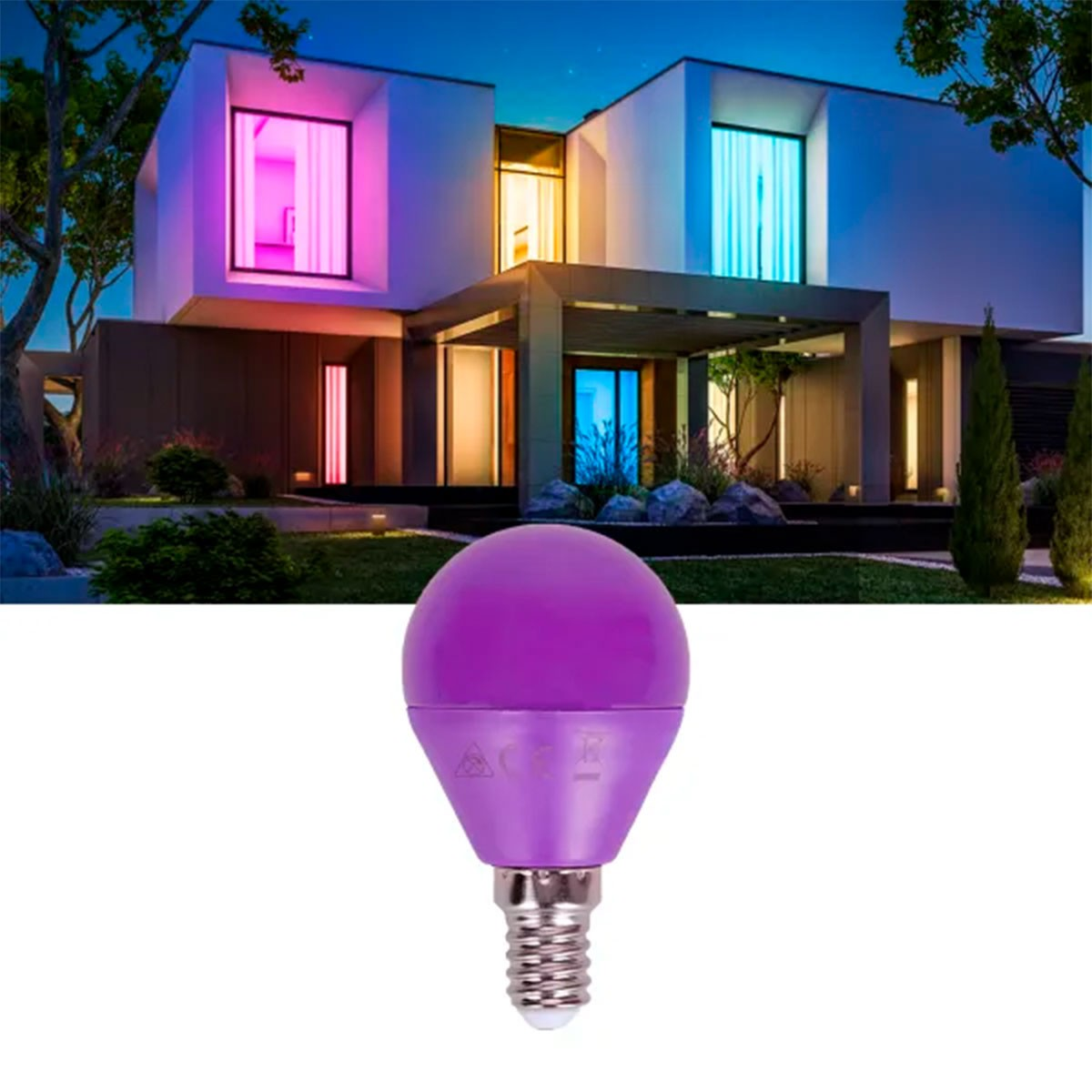 Una casa di notte illuminata con una lampadina viola, la lampadina sotto.