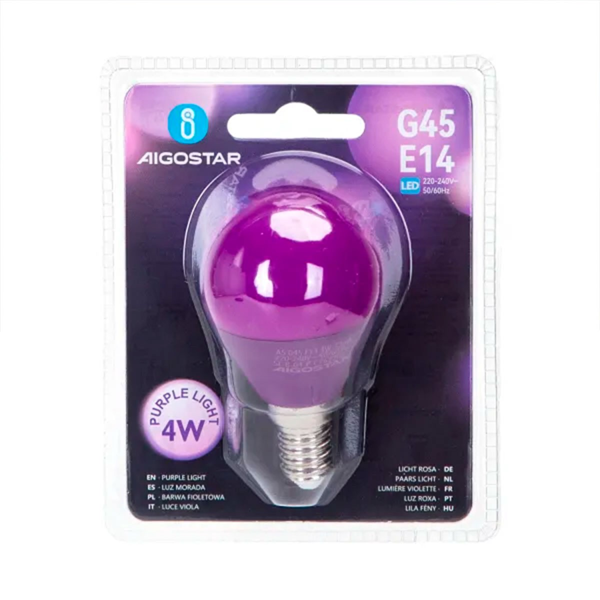 Una lampadina viola in una confezione di plastica. La confezione ha testo in più lingue.