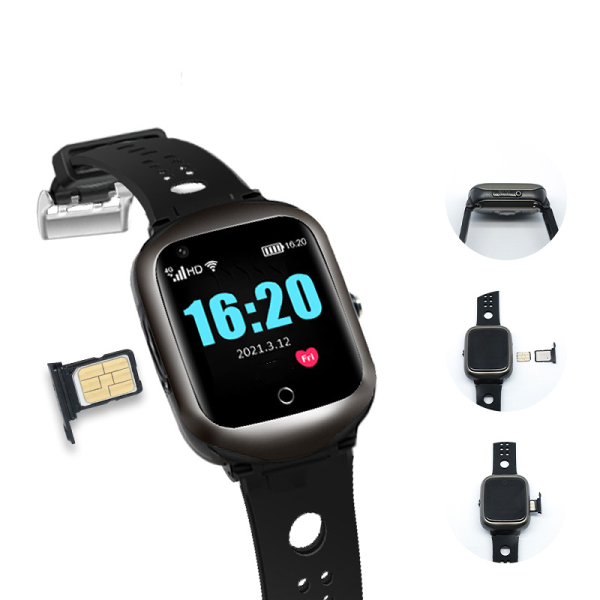 Smartwatch zeigt 16:20, Freitag, 12. März 2021. Schwarzes Armband, SIM-Einfüge-Details.